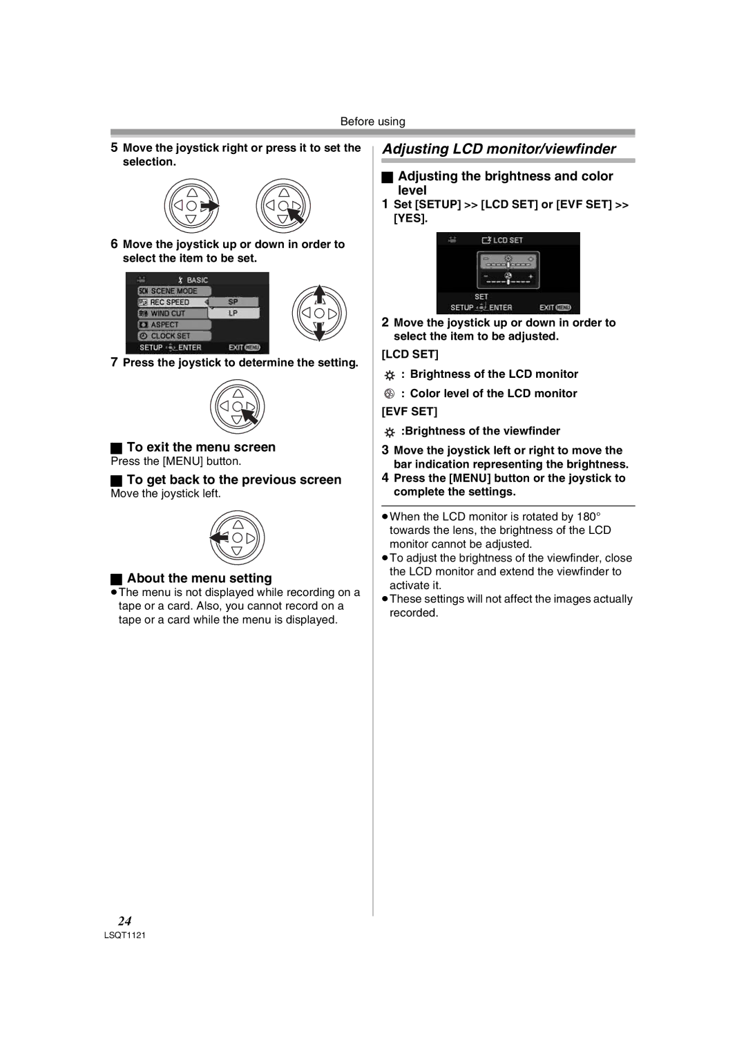 Panasonic PV-GS80 Adjusting LCD monitor/viewfinder, To exit the menu screen, To get back to the previous screen 