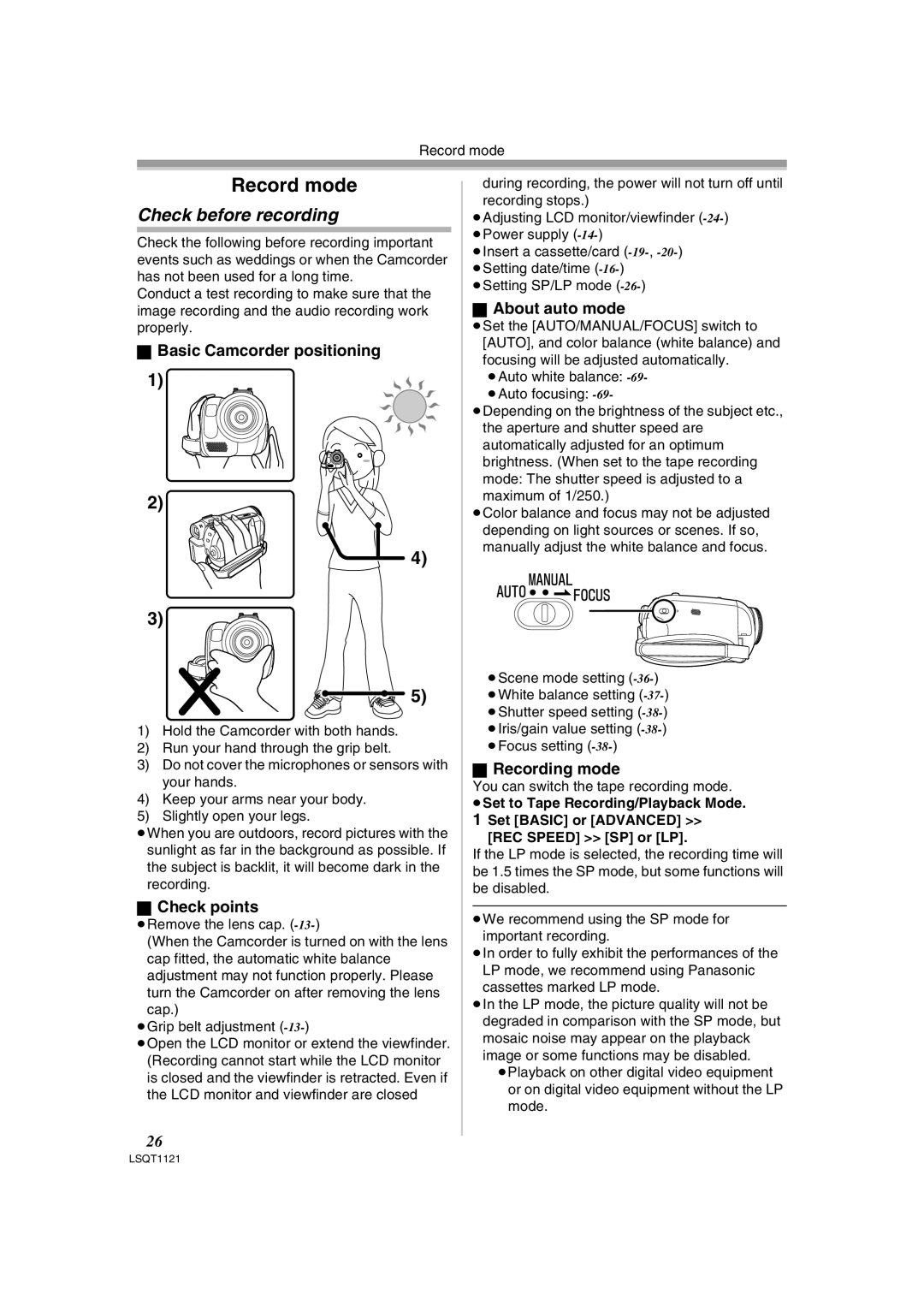 Panasonic PV-GS80 Check before recording, Basic Camcorder positioning, Check points, About auto mode, Recording mode 