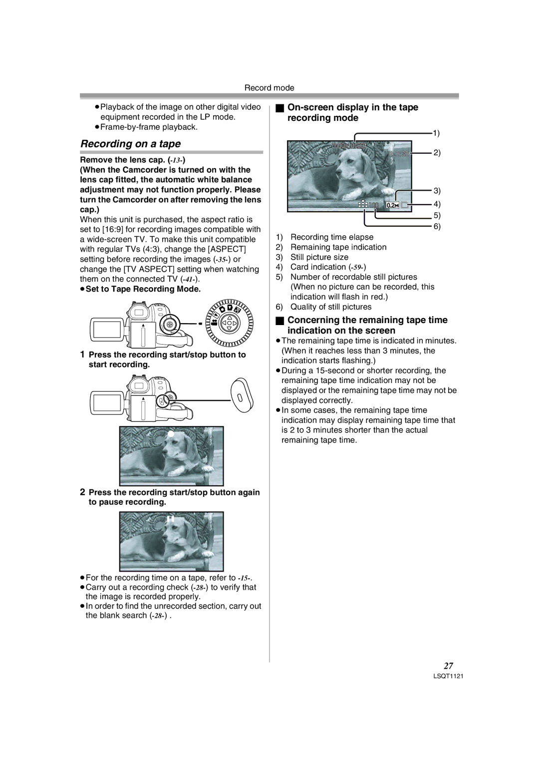 Panasonic PV-GS80 operating instructions Recording on a tape, On-screen display in the tape recording mode 