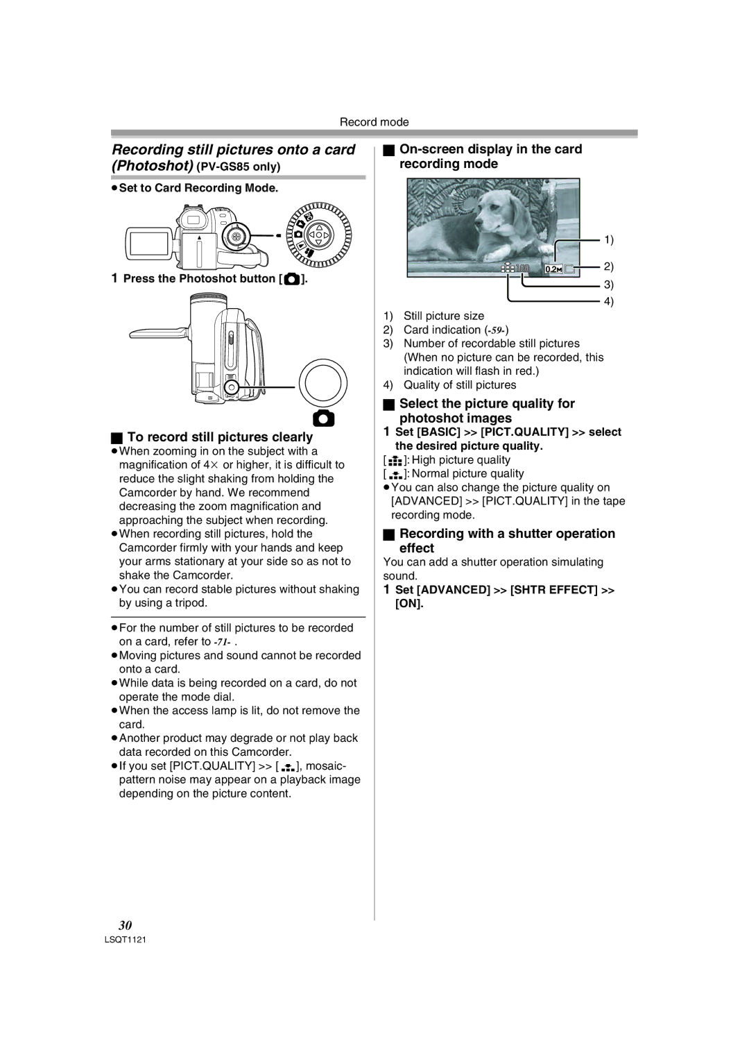 Panasonic PV-GS80 operating instructions Recording still pictures onto a card, To record still pictures clearly 