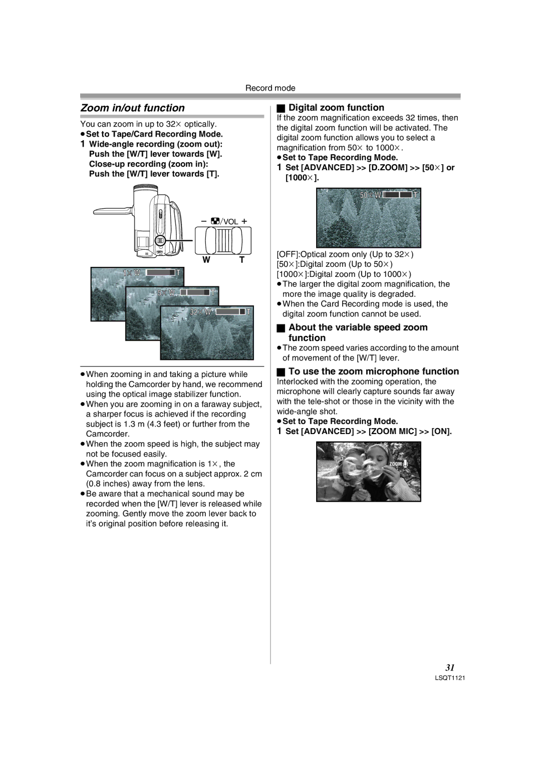 Panasonic PV-GS80 Zoom in/out function, Digital zoom function, About the variable speed zoom Function 