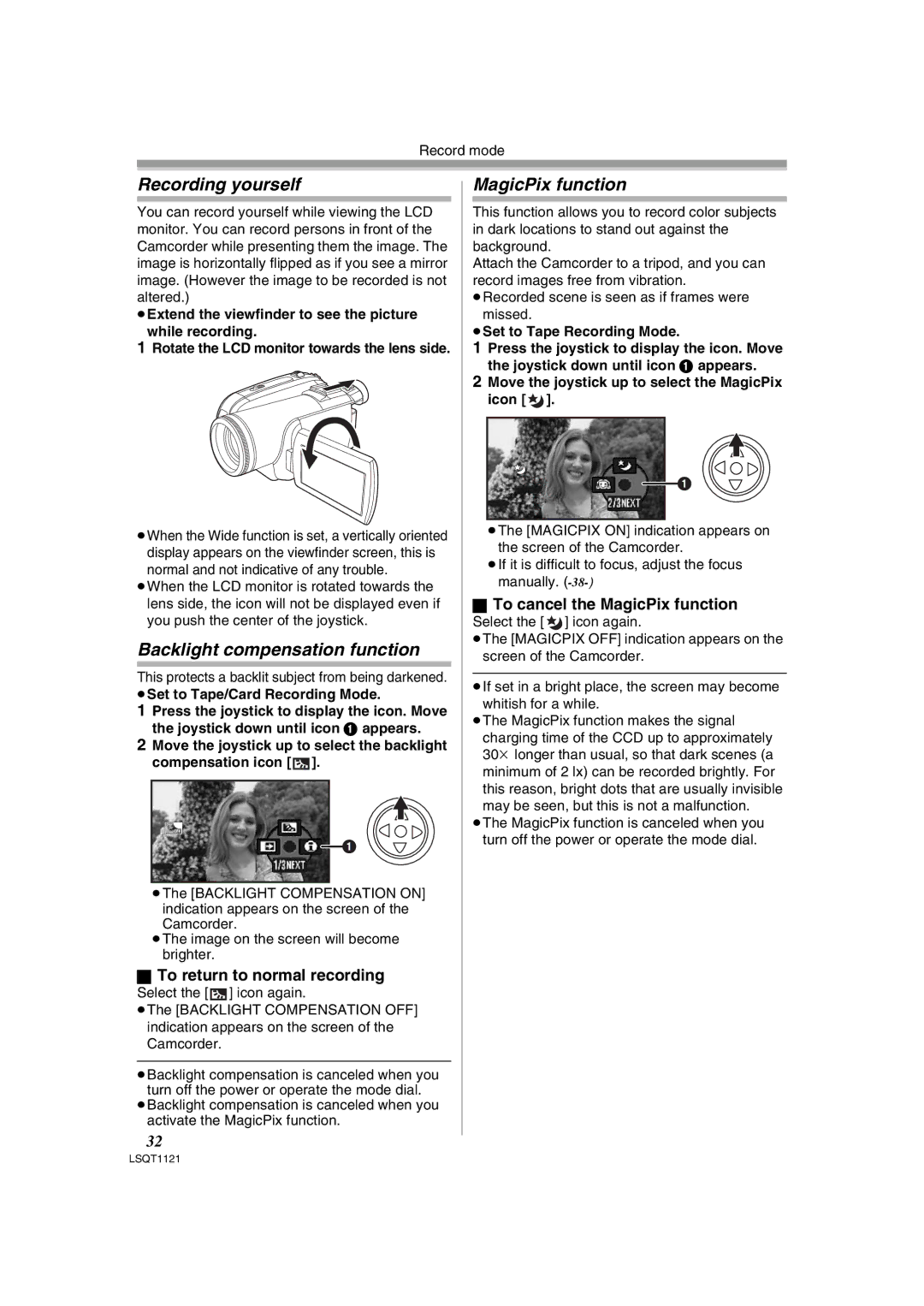 Panasonic PV-GS80 Recording yourself, Backlight compensation function, MagicPix function, To return to normal recording 