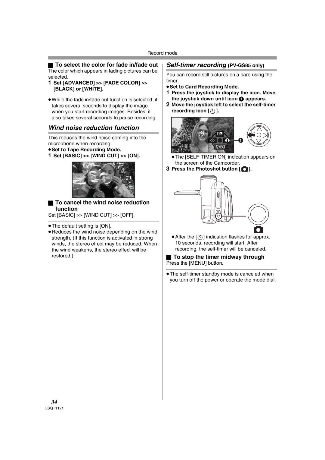 Panasonic PV-GS80 Wind noise reduction function, Self-timer recording PV-GS85 only, To stop the timer midway through 