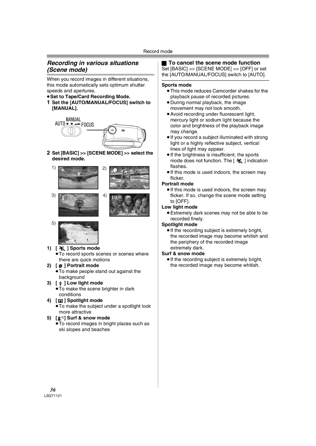 Panasonic PV-GS80 operating instructions Recording in various situations Scene mode, To cancel the scene mode function 