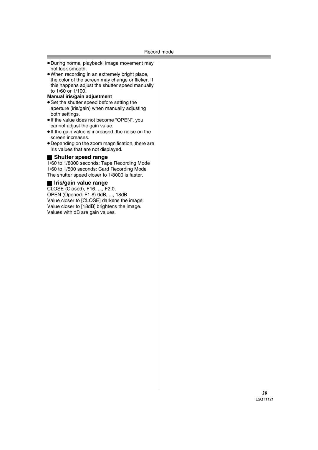 Panasonic PV-GS80 operating instructions Shutter speed range, Iris/gain value range, Manual iris/gain adjustment 