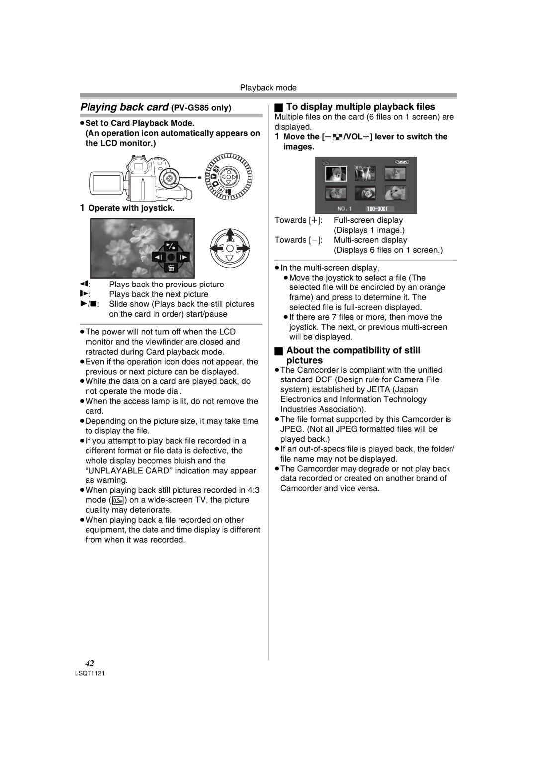 Panasonic PV-GS80 operating instructions Playing back card PV-GS85 only, To display multiple playback files 