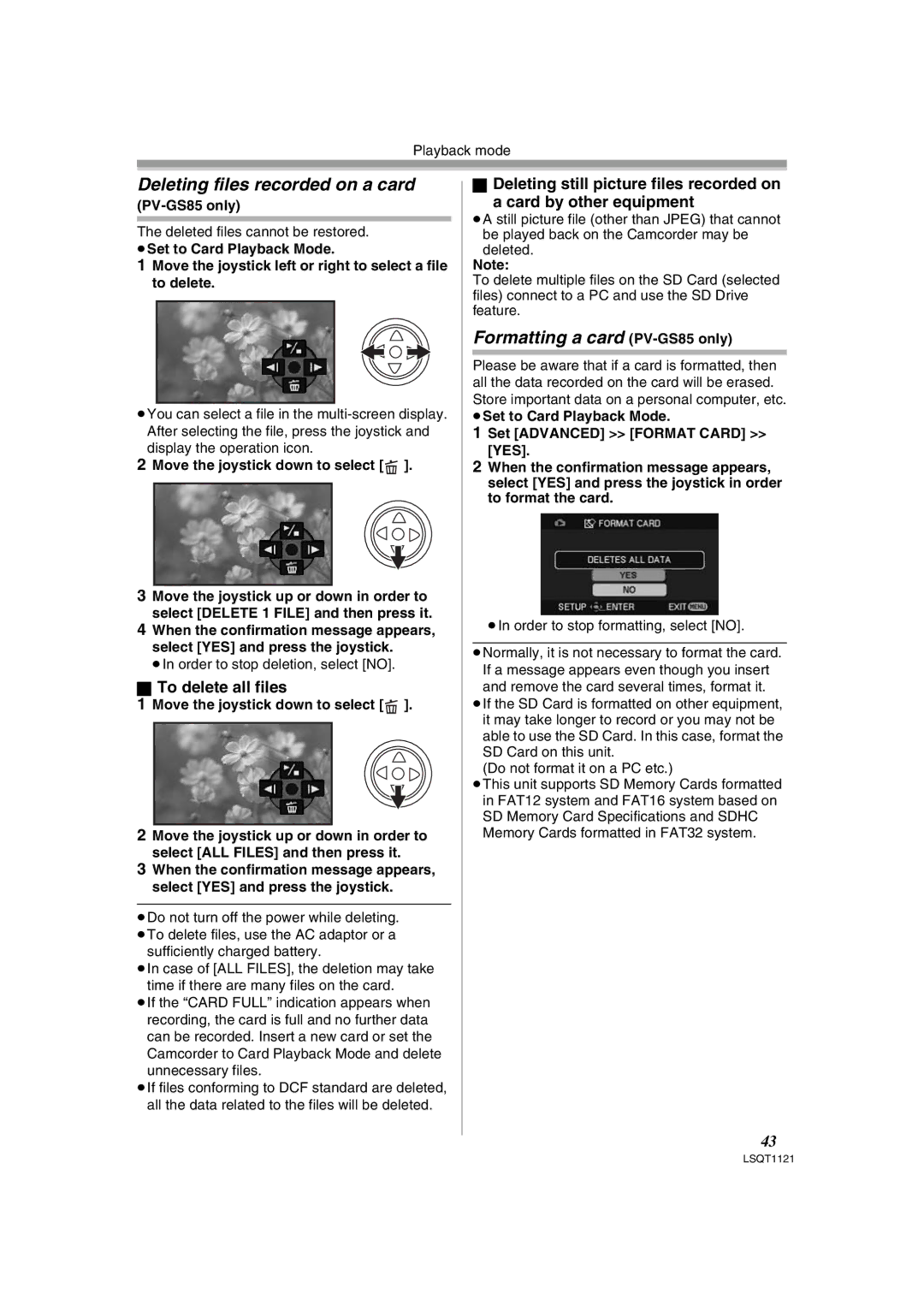 Panasonic PV-GS80 Deleting files recorded on a card, Formatting a card PV-GS85 only, To delete all files 