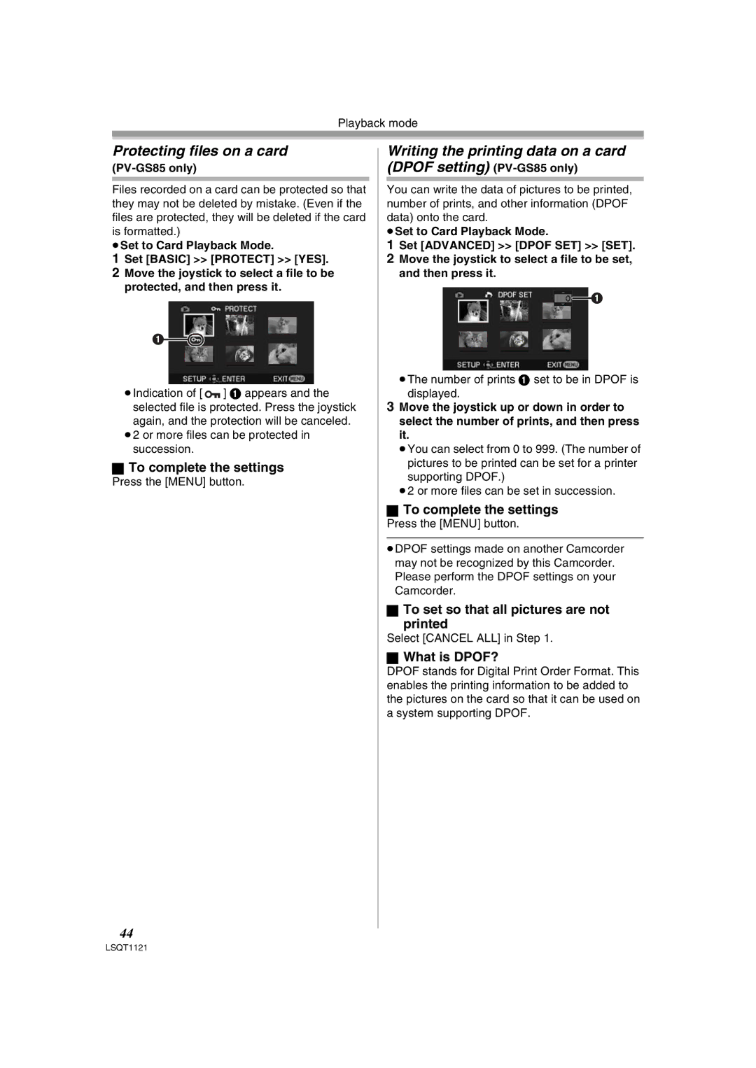 Panasonic PV-GS80 Protecting files on a card, Writing the printing data on a card Dpof setting, To complete the settings 