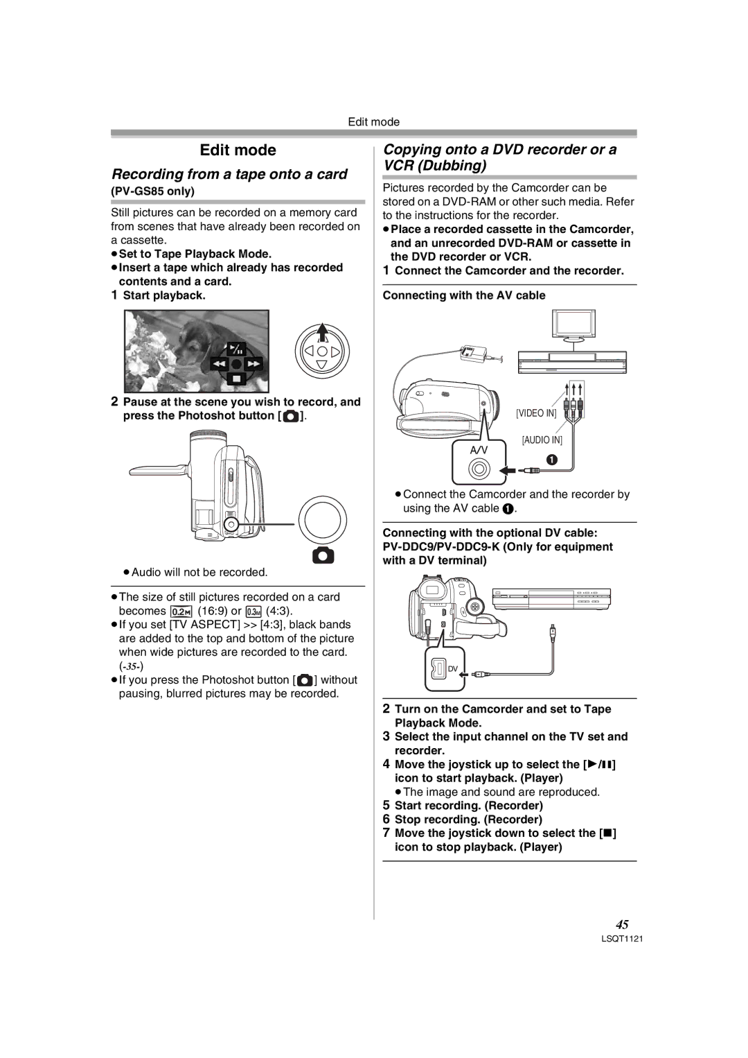 Panasonic PV-GS80 Recording from a tape onto a card, Copying onto a DVD recorder or a VCR Dubbing, Edit mode 