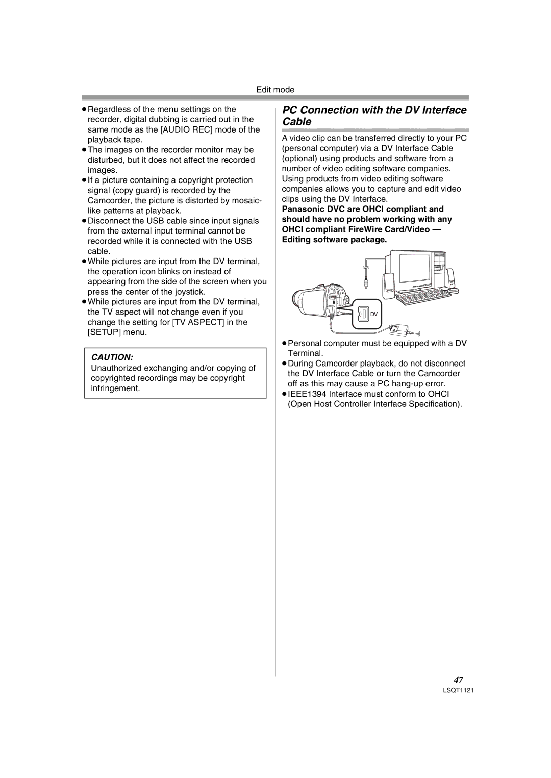 Panasonic PV-GS80 operating instructions PC Connection with the DV Interface Cable 