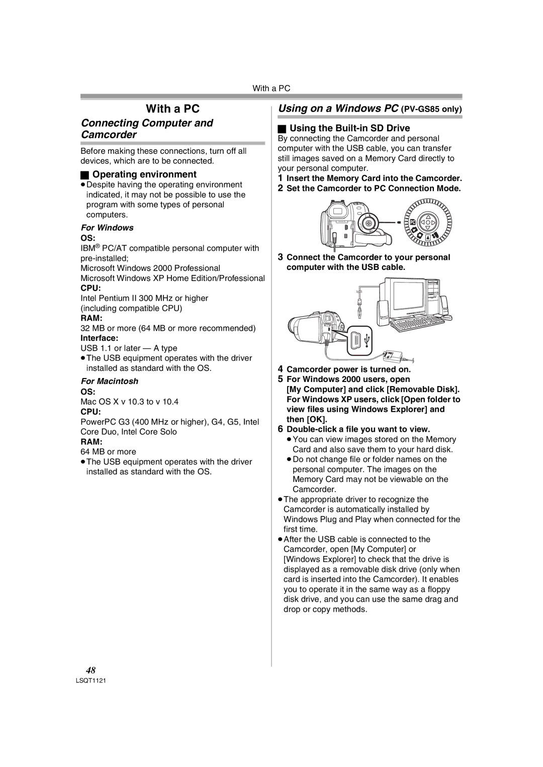 Panasonic PV-GS80 Connecting Computer Camcorder, Using on a Windows PC PV-GS85 only, Operating environment, Interface 