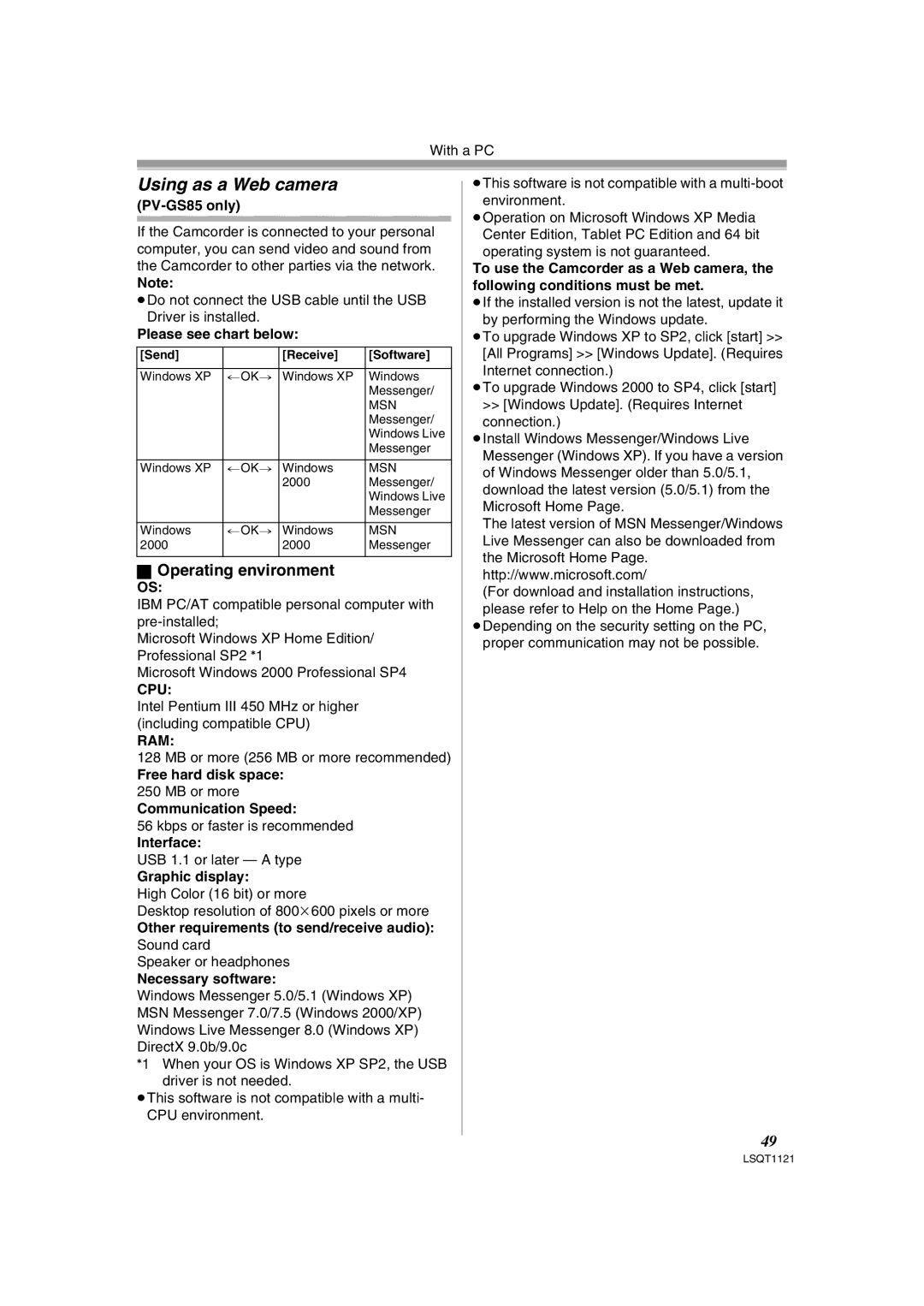 Panasonic PV-GS80 operating instructions Using as a Web camera 