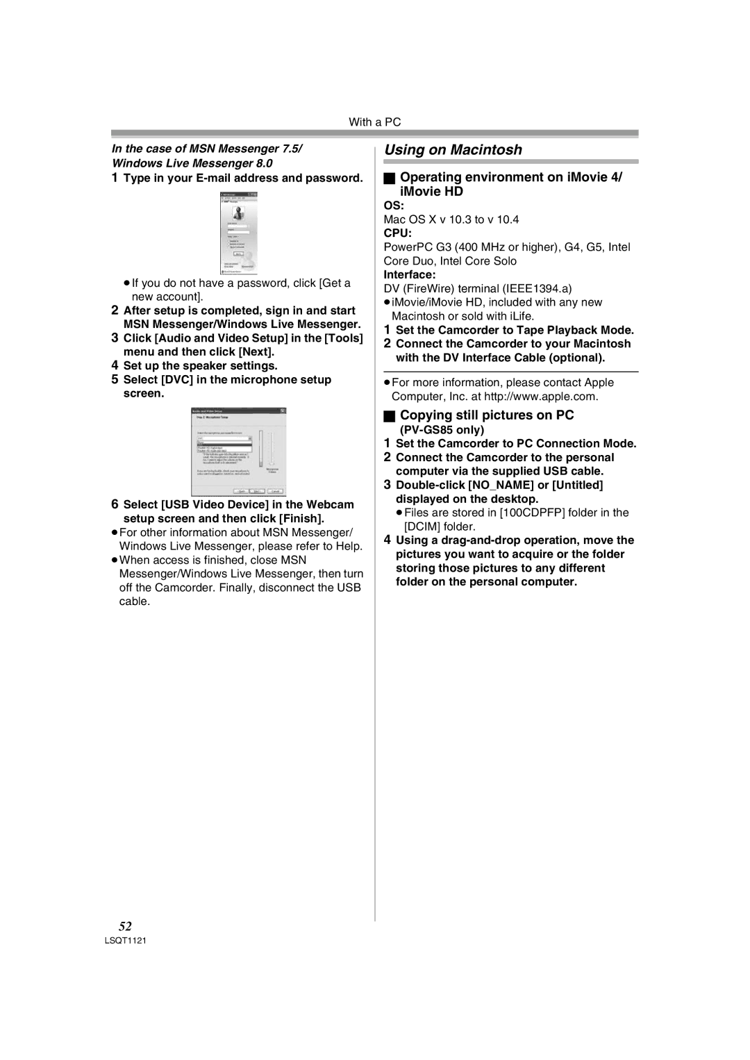 Panasonic PV-GS80 Using on Macintosh, Operating environment on iMovie IMovie HD, Copying still pictures on PC 