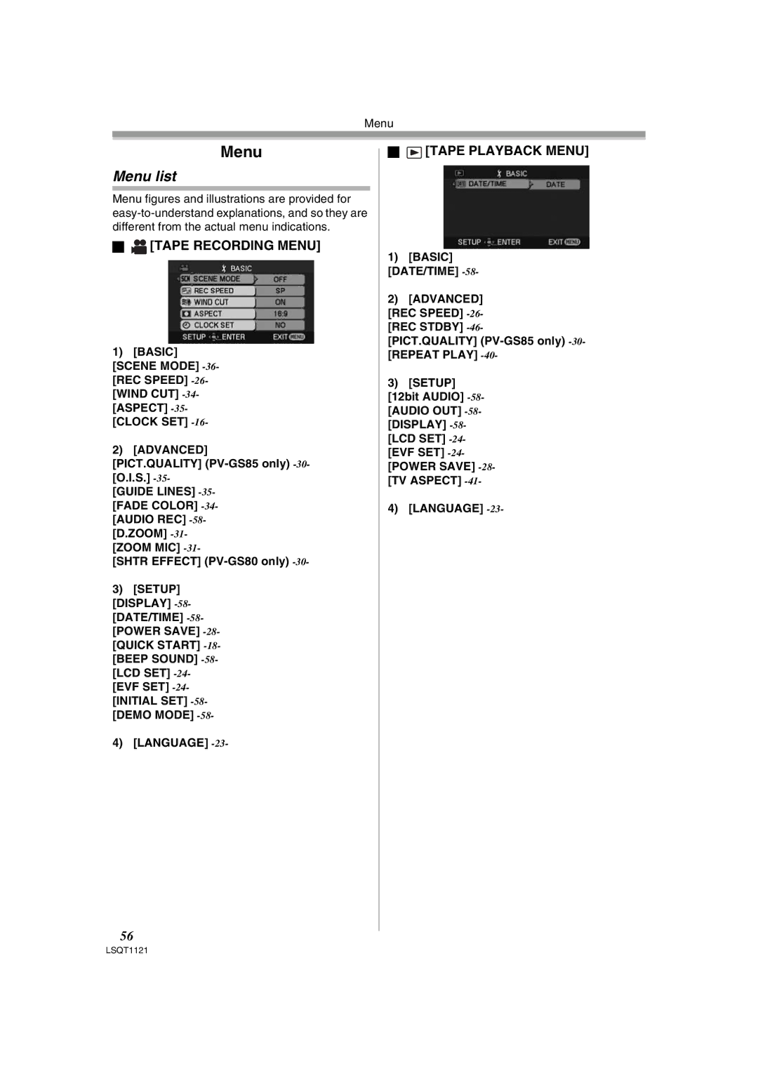 Panasonic PV-GS80 operating instructions Menu list, Tape Recording Menu, Tape Playback Menu 