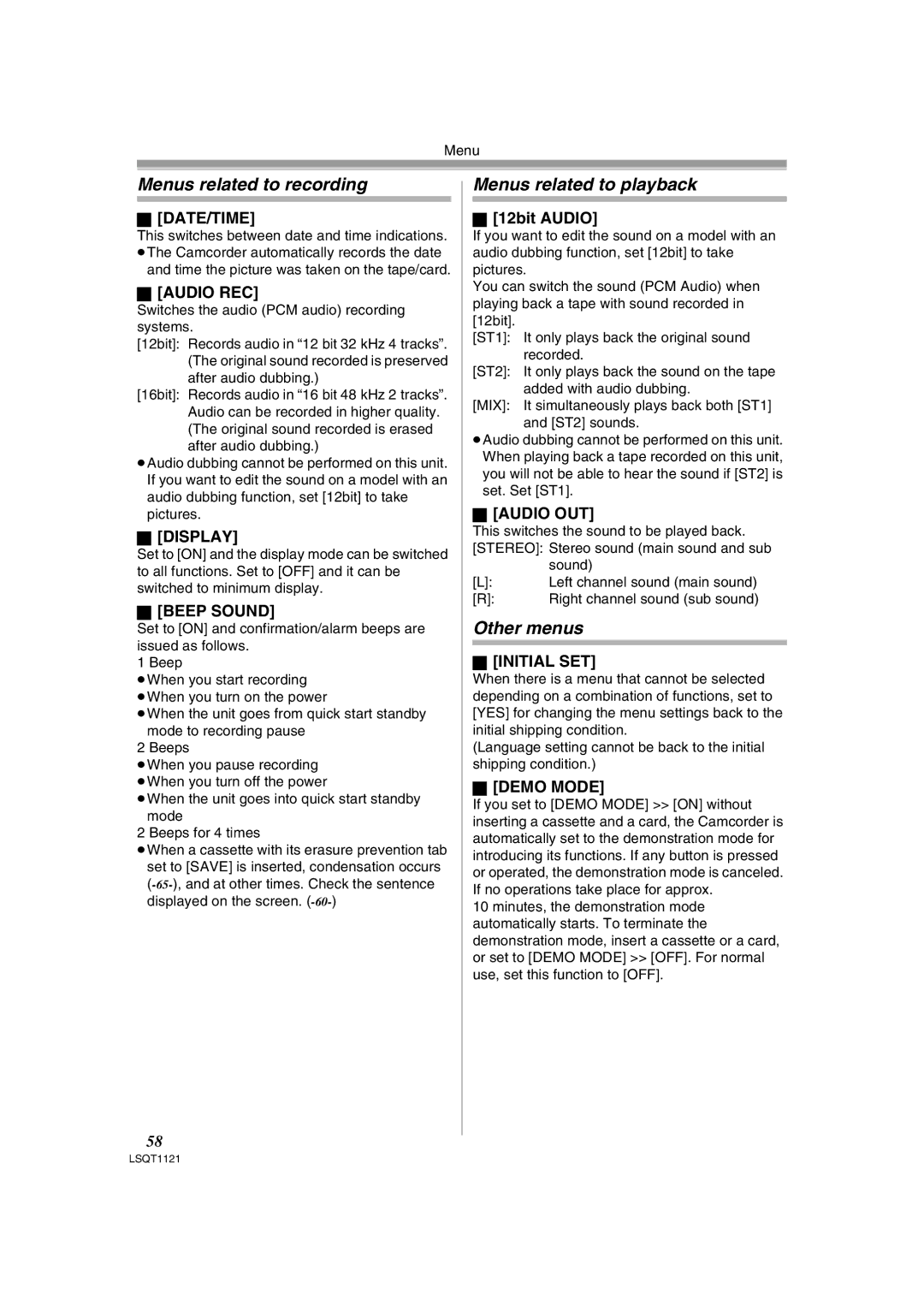 Panasonic PV-GS80 operating instructions Menus related to recording, Menus related to playback, Other menus 