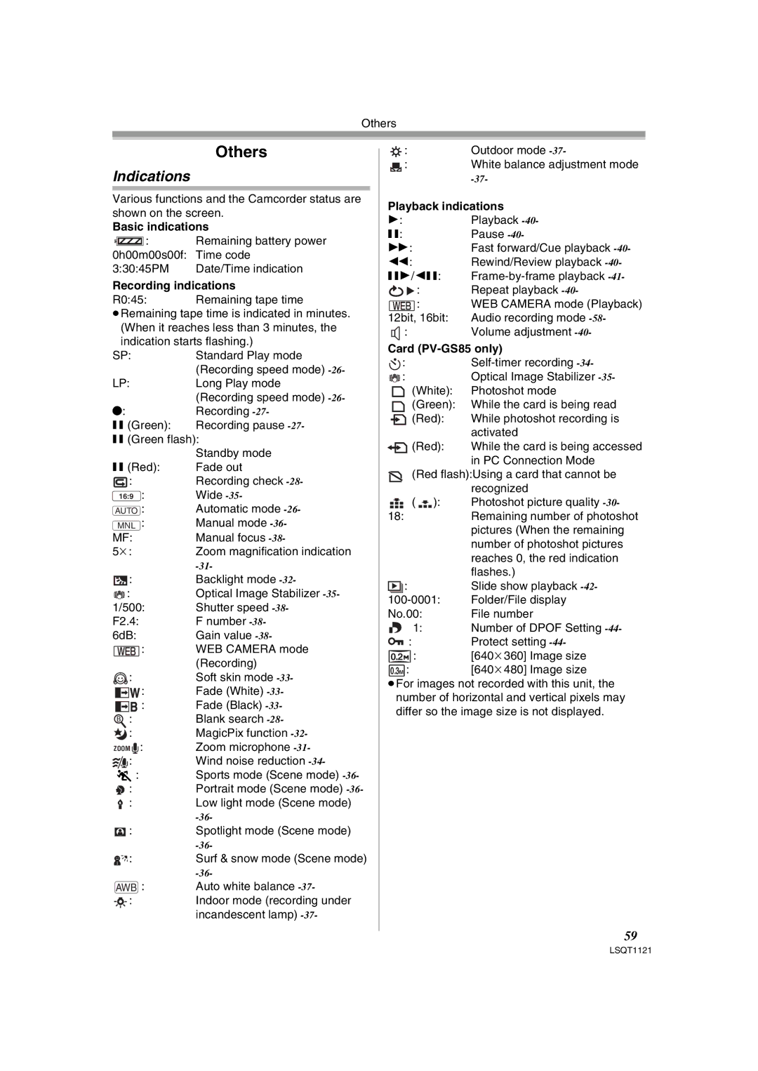 Panasonic PV-GS80 Indications, Basic indications, Recording indications, Playback indications, Card PV-GS85 only 