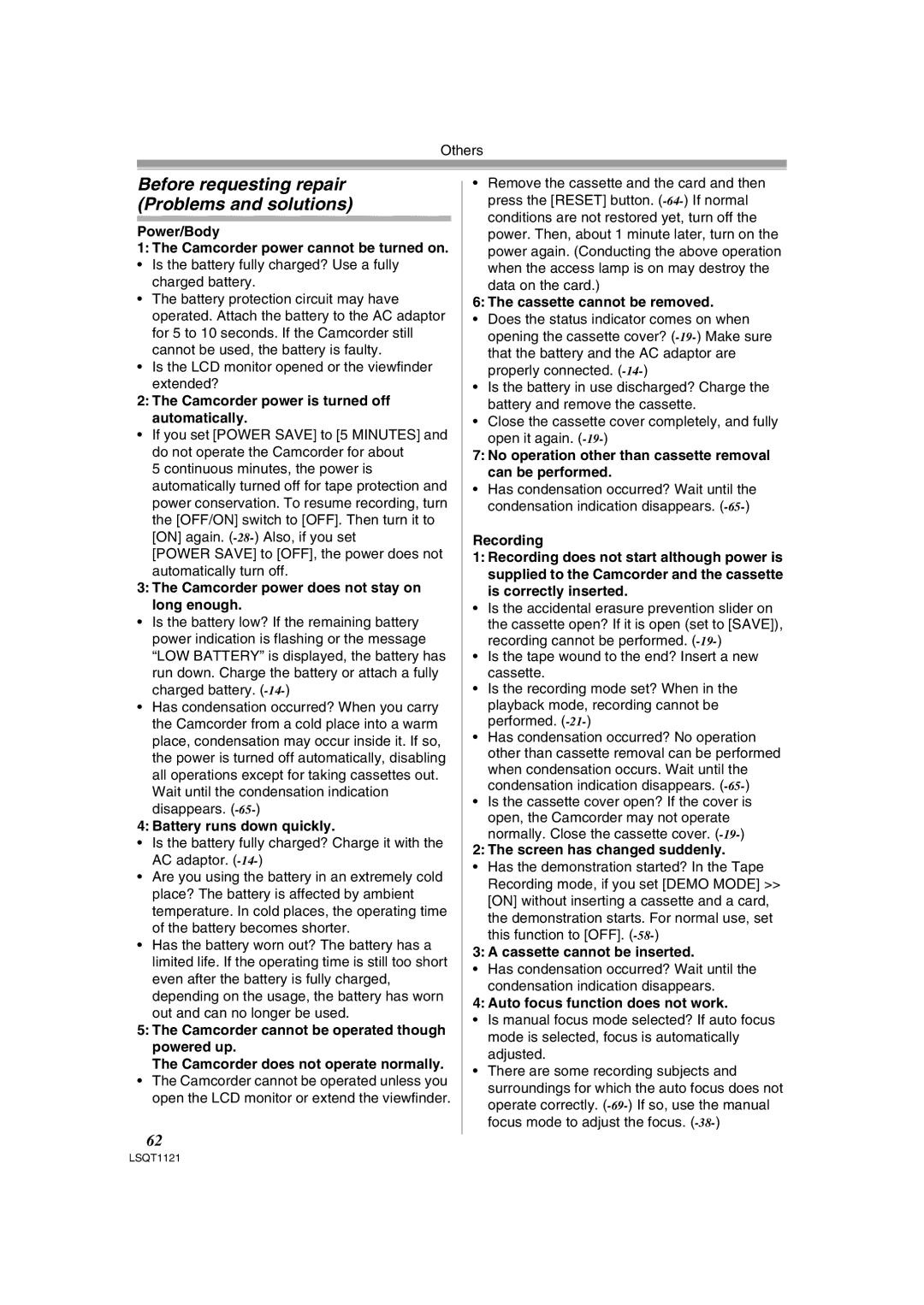 Panasonic PV-GS80 operating instructions Before requesting repair Problems and solutions 