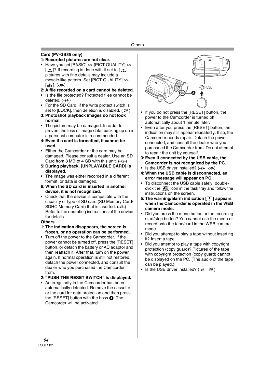 Panasonic PV-GS80 Card PV-GS85 only Recorded pictures are not clear, Photoshot playback images do not look normal, Others 