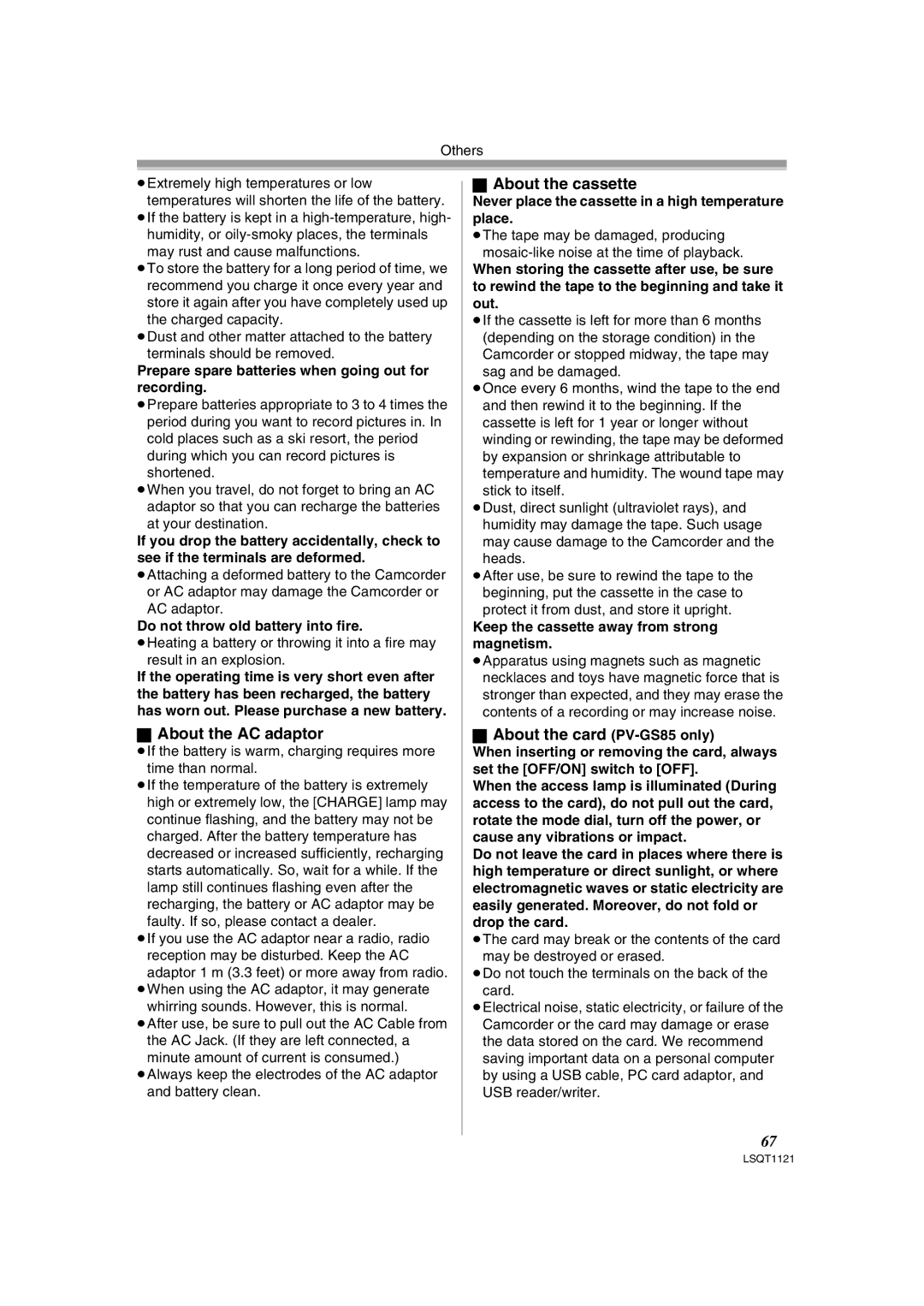 Panasonic PV-GS80 operating instructions About the AC adaptor, About the cassette, About the card PV-GS85 only 