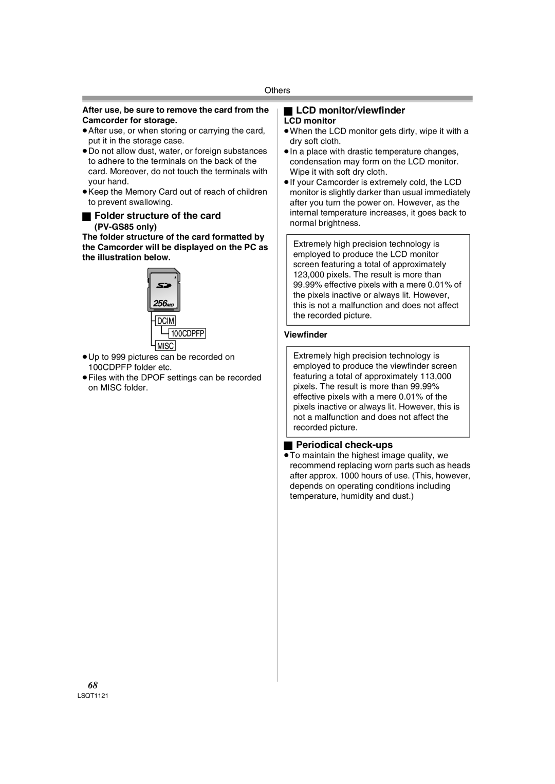 Panasonic PV-GS80 operating instructions Folder structure of the card, Periodical check-ups, LCD monitor, Viewfinder 