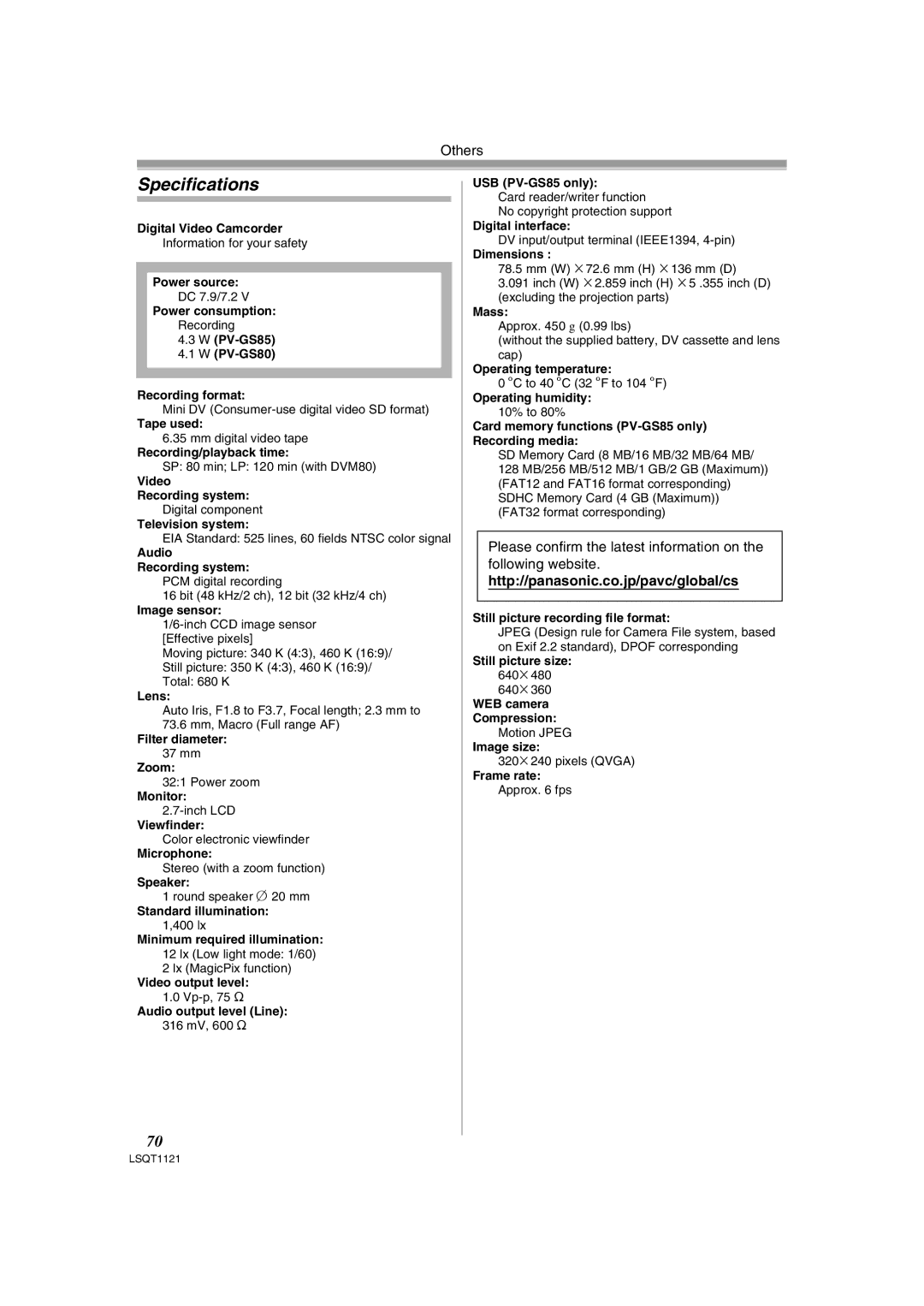 Panasonic PV-GS80 operating instructions Specifications, Http//panasonic.co.jp/pavc/global/cs 