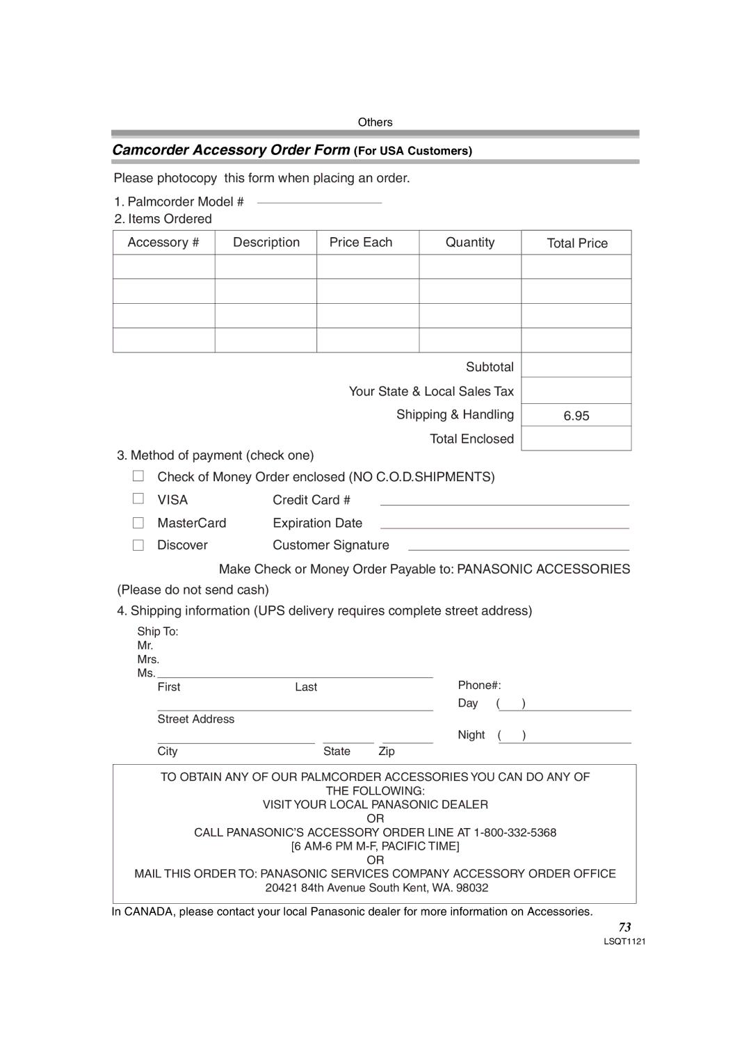 Panasonic PV-GS80 operating instructions Camcorder Accessory Order Form For USA Customers, Visa 