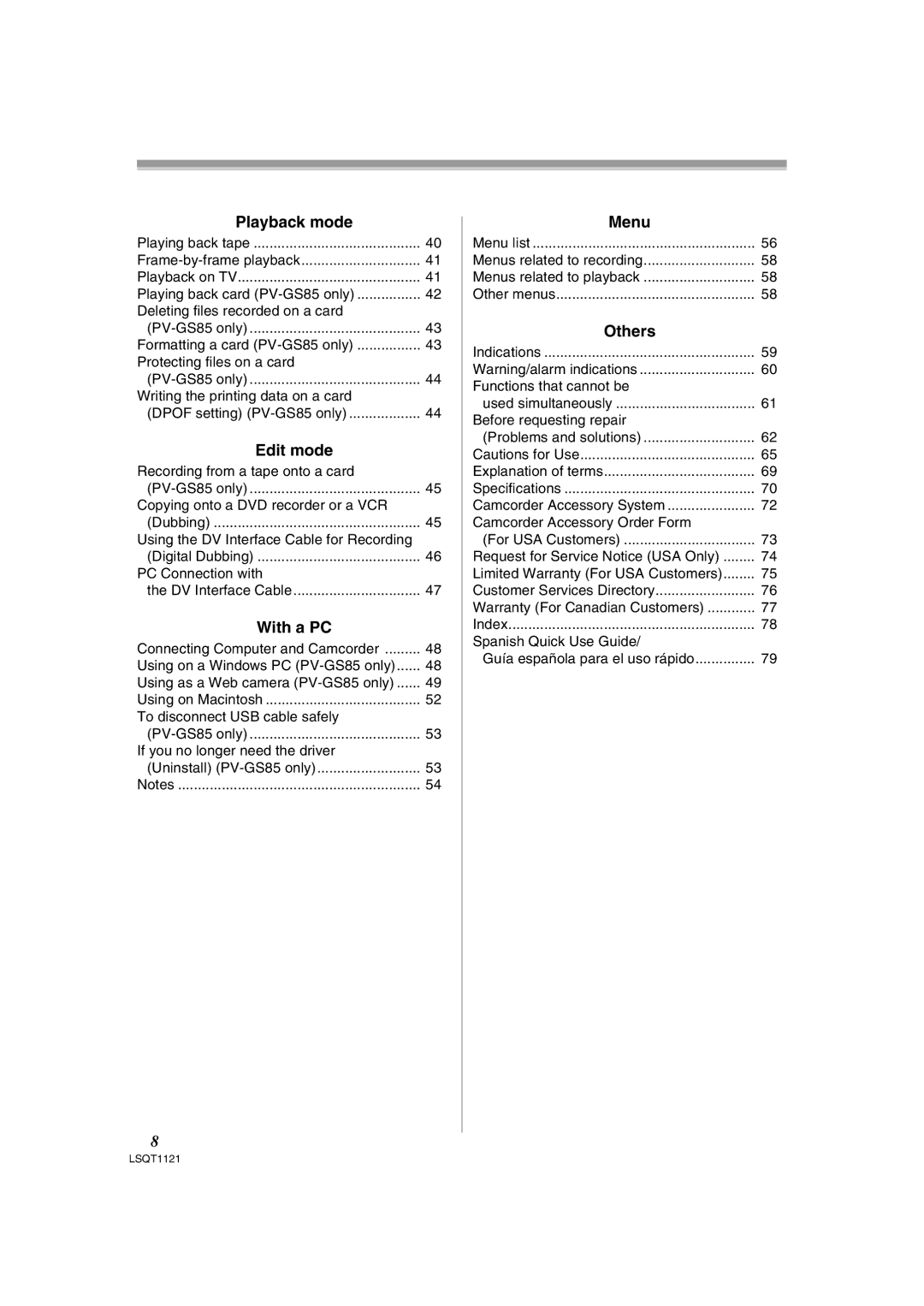 Panasonic PV-GS80 operating instructions Playback mode, Edit mode, With a PC, Menu, Others 