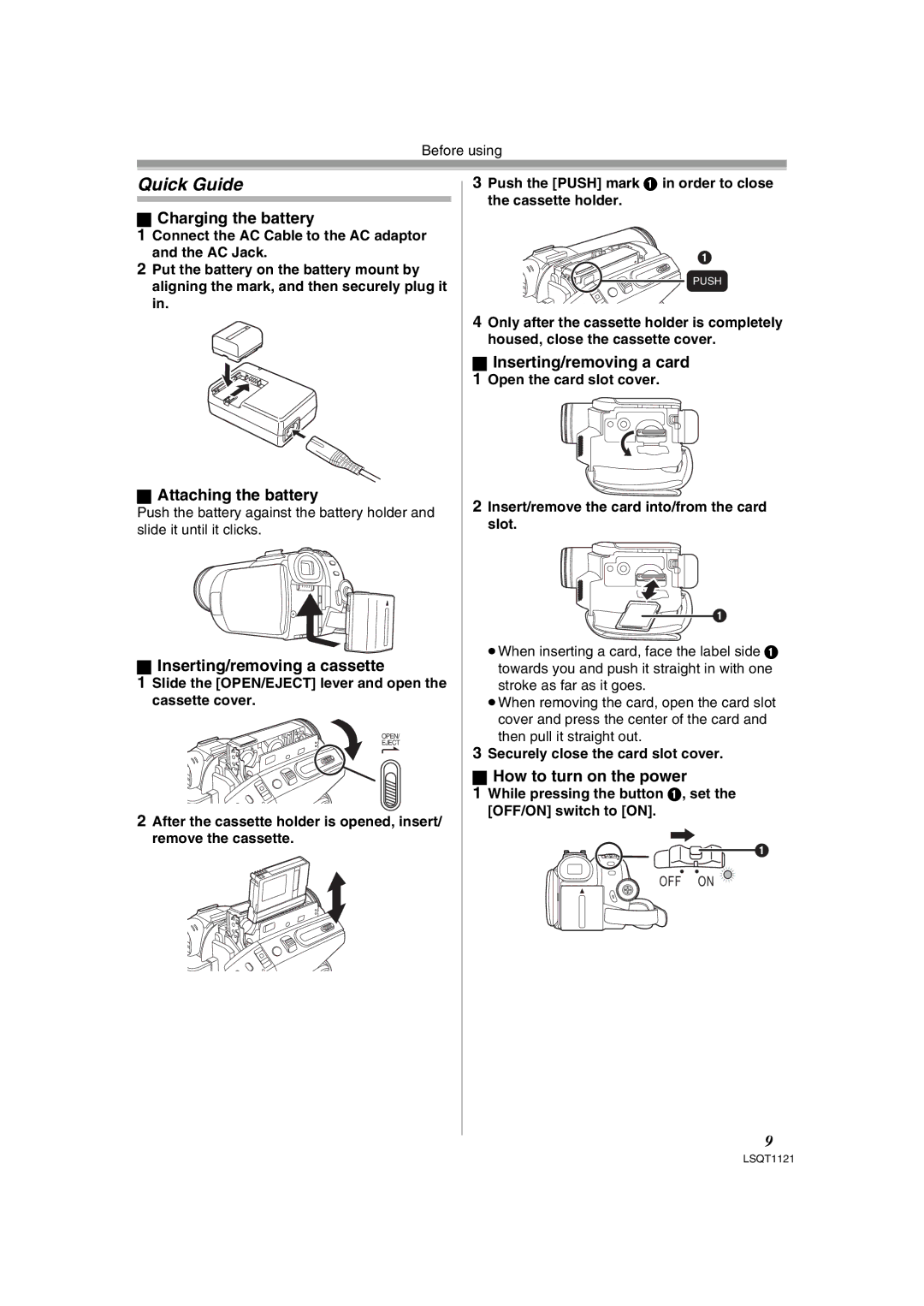 Panasonic PV-GS80 Quick Guide, Charging the battery, Attaching the battery, Inserting/removing a cassette 