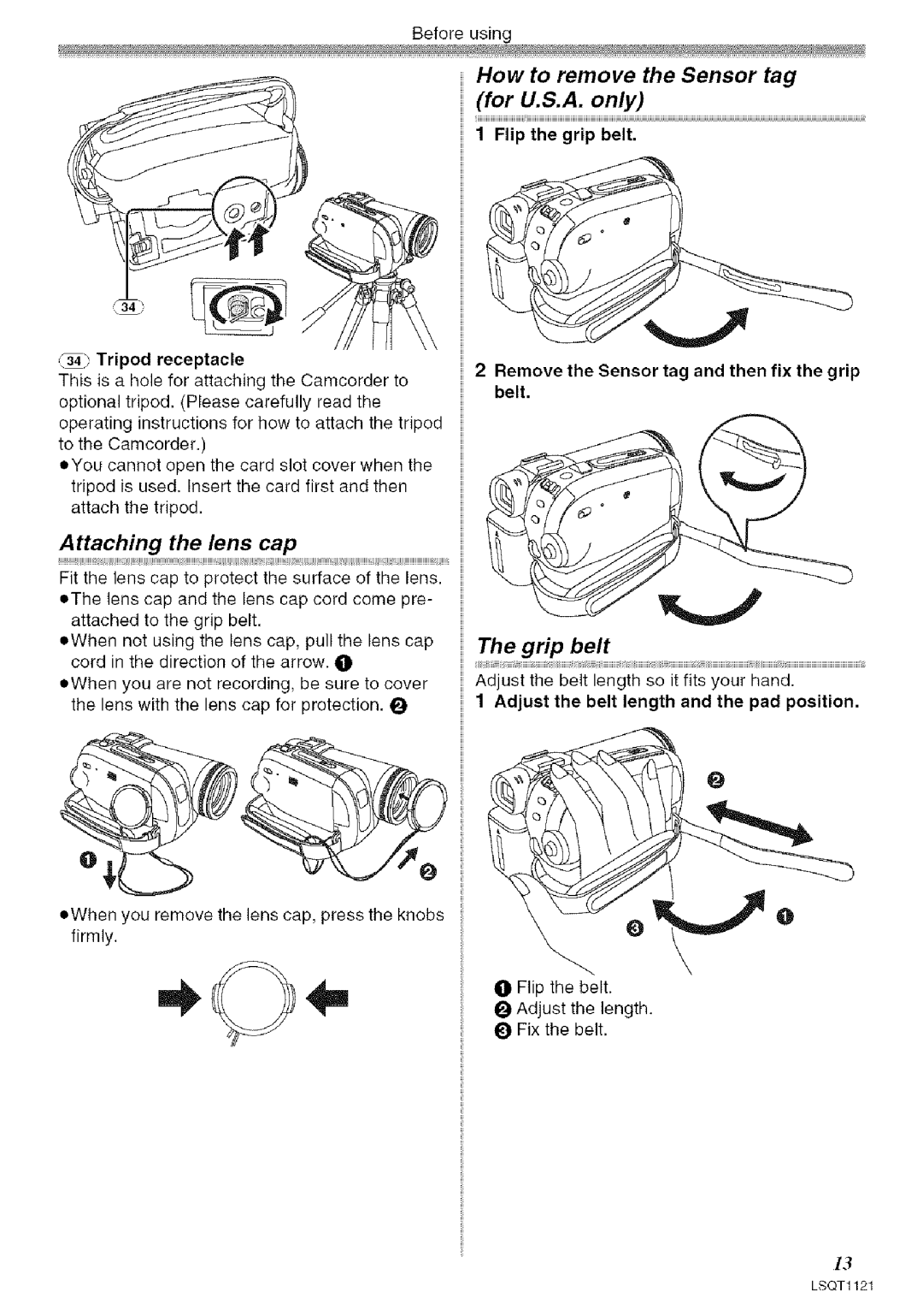 Panasonic PV-GS80 operating instructions How to remove the Sensor tag for U.S.A. only, Grip belt 