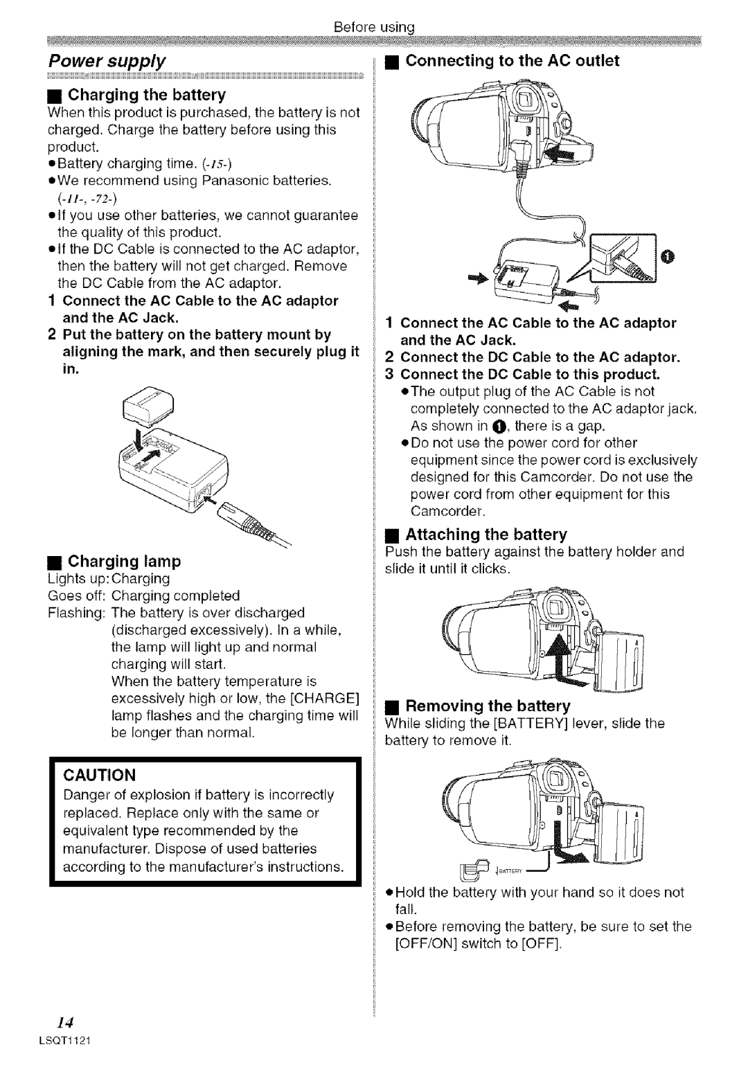 Panasonic PV-GS80 Power supply, Connecting to the AC outlet, Charging the battery, Removing the battery 