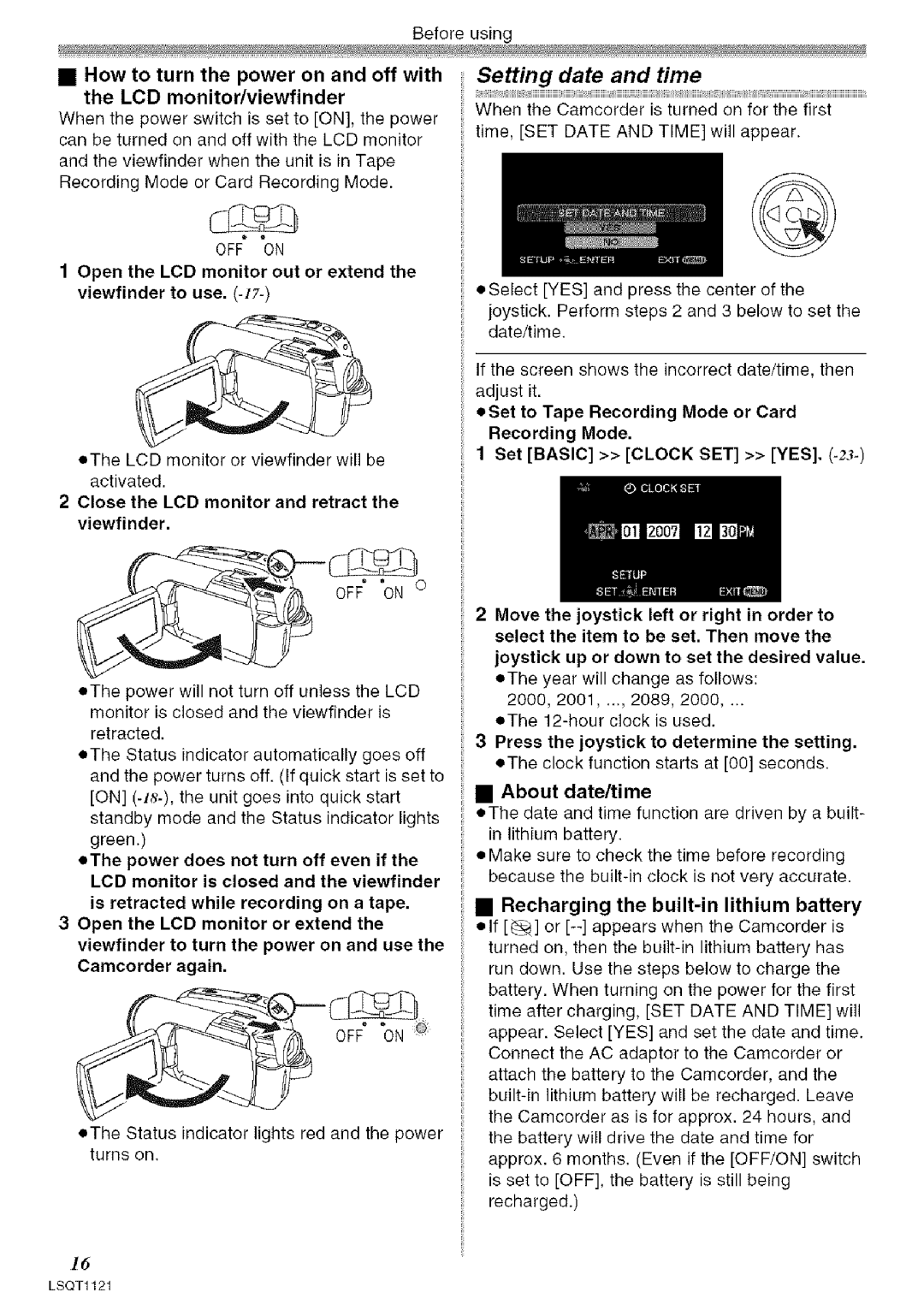 Panasonic PV-GS80 operating instructions Setting date and time, OFF on, Close the LCD monitor and retract the viewfinder 