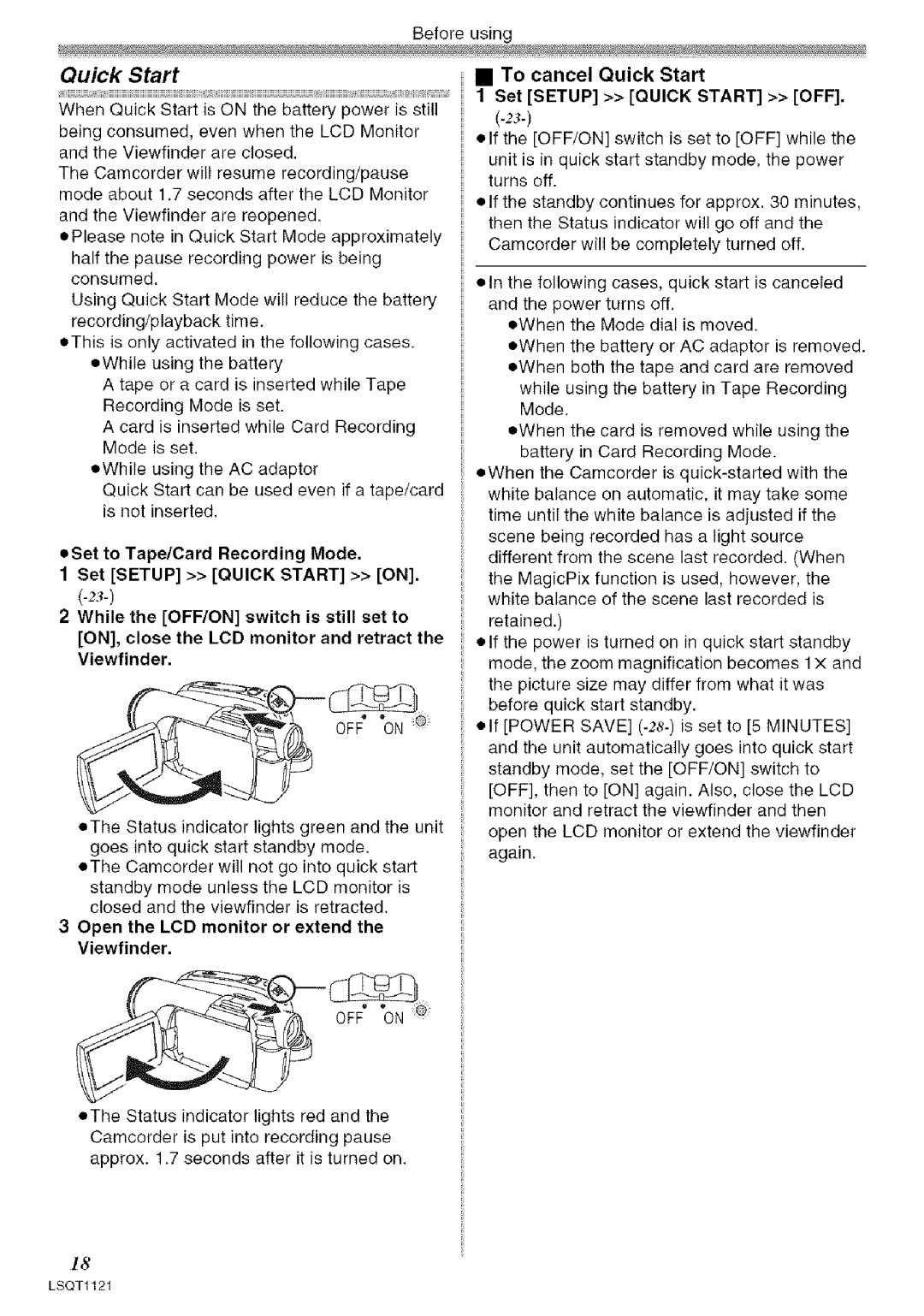 Panasonic PV-GS80 operating instructions Set to Tape/Card Recording Mode Set Setup Quick Start on, Viewfinder 