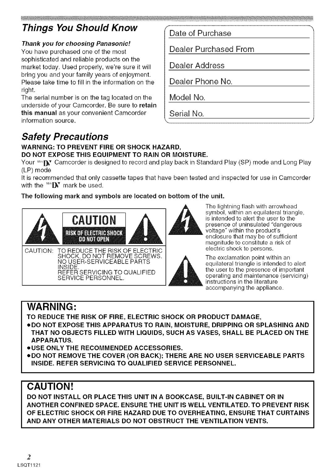 Panasonic PV-GS80 operating instructions Do not Expose this Equipment to Rain or Moisture 