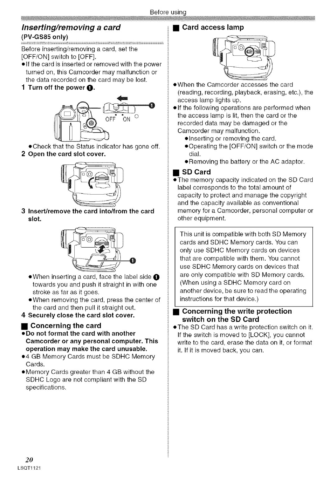 Panasonic PV-GS80 Inserting/removing a card, Turn off the power O, Insert/remove the card into/from the card slot, SD Card 