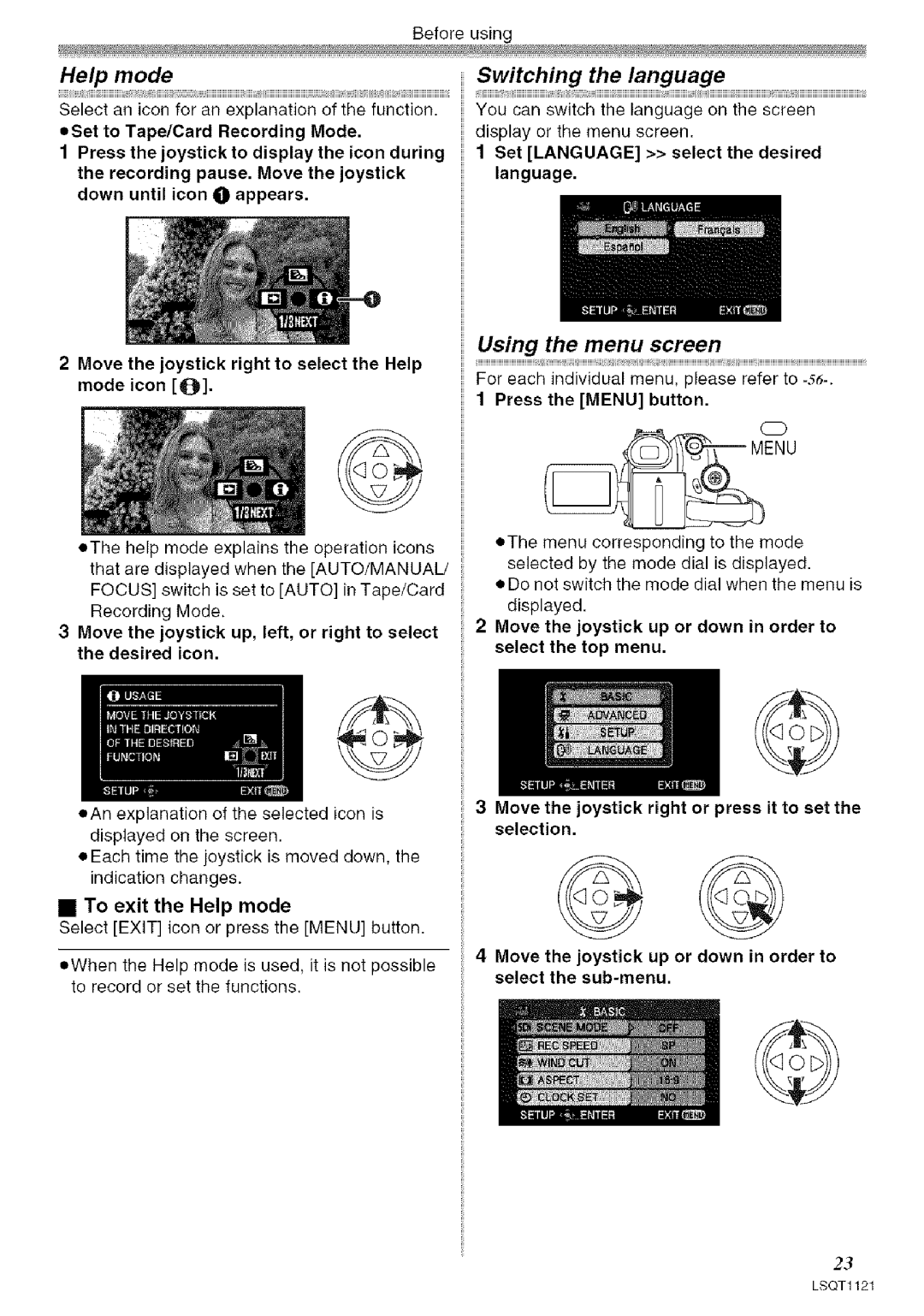 Panasonic PV-GS80 operating instructions Help mode, Switching the language, Using the menu screen 