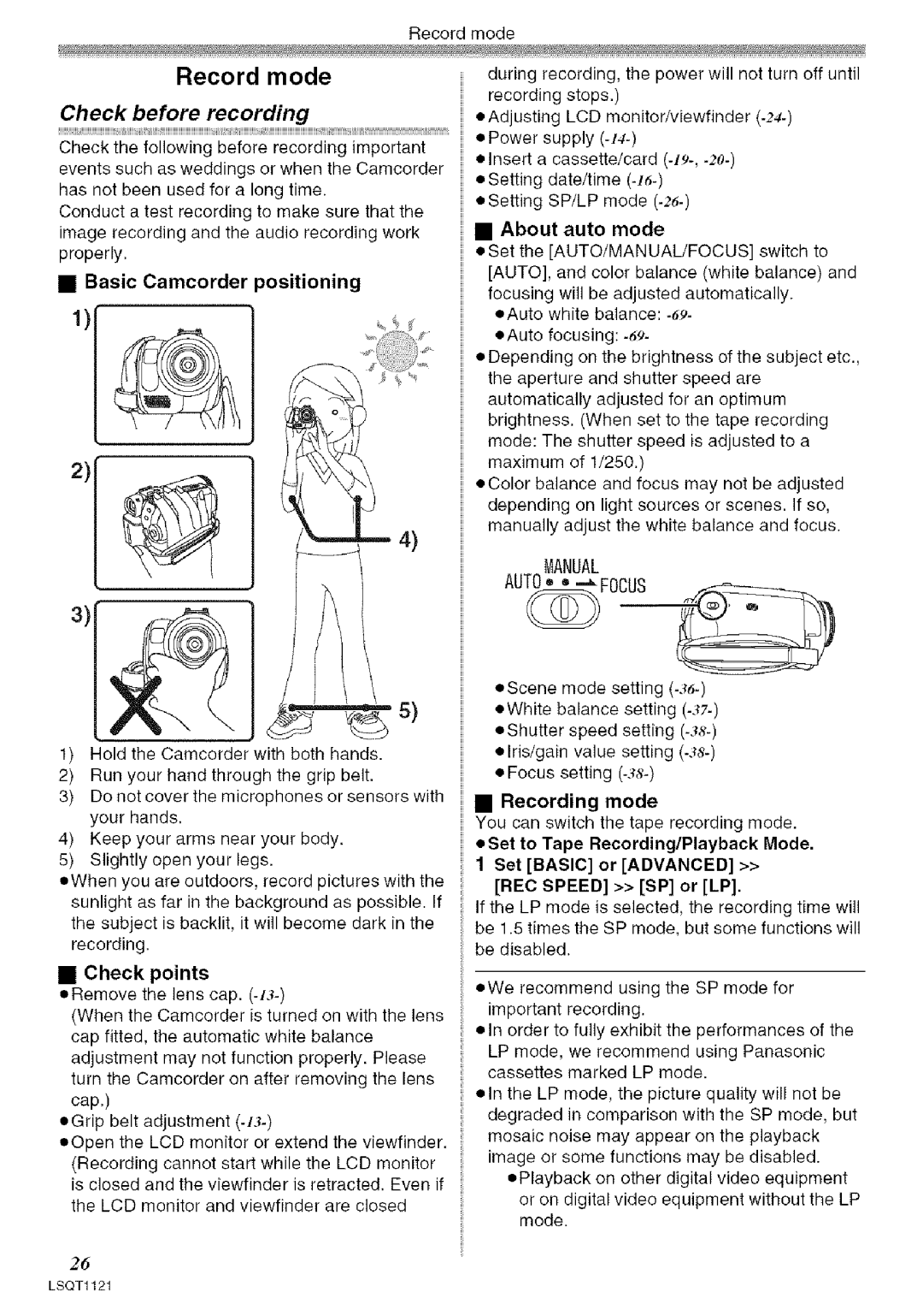 Panasonic PV-GS80 Check before recording, Basic Camcorder ositioning, About auto mode, Anual, Check points 