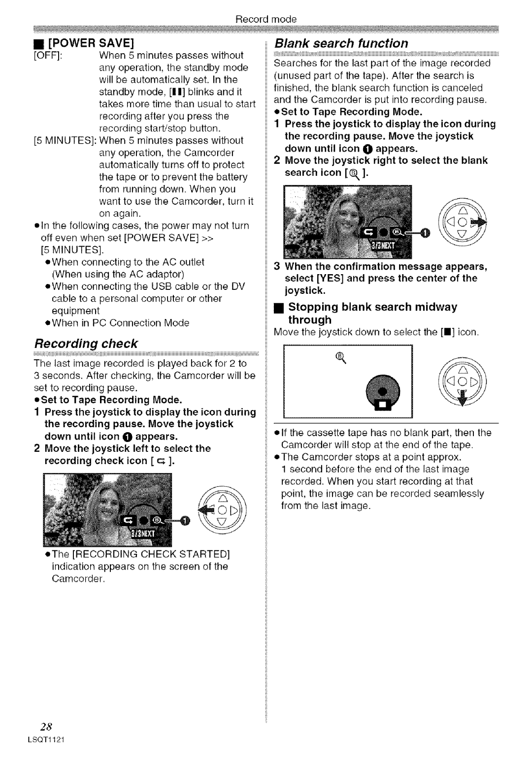 Panasonic PV-GS80 operating instructions Recording check, Blank search function, Power Save, Minutes 