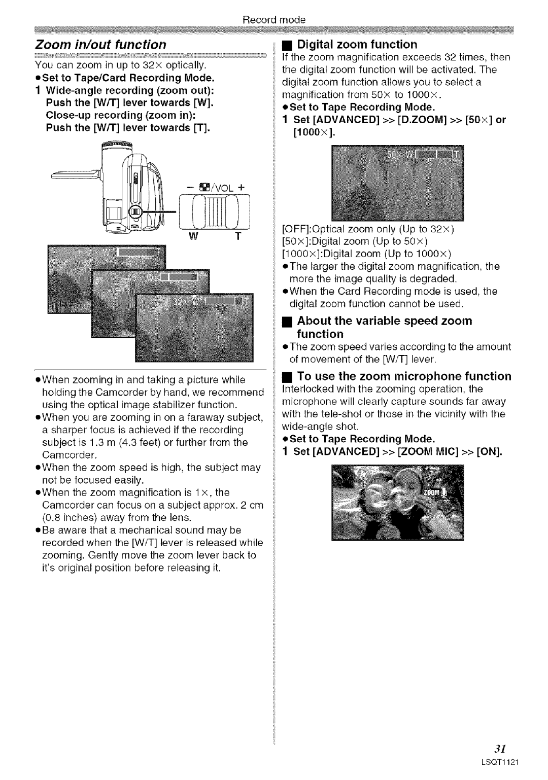 Panasonic PV-GS80 Zoom in/out function, Digital zoom function, Set to Tape Recording Mode Set Advanced D.ZOOM 50× or 1000× 