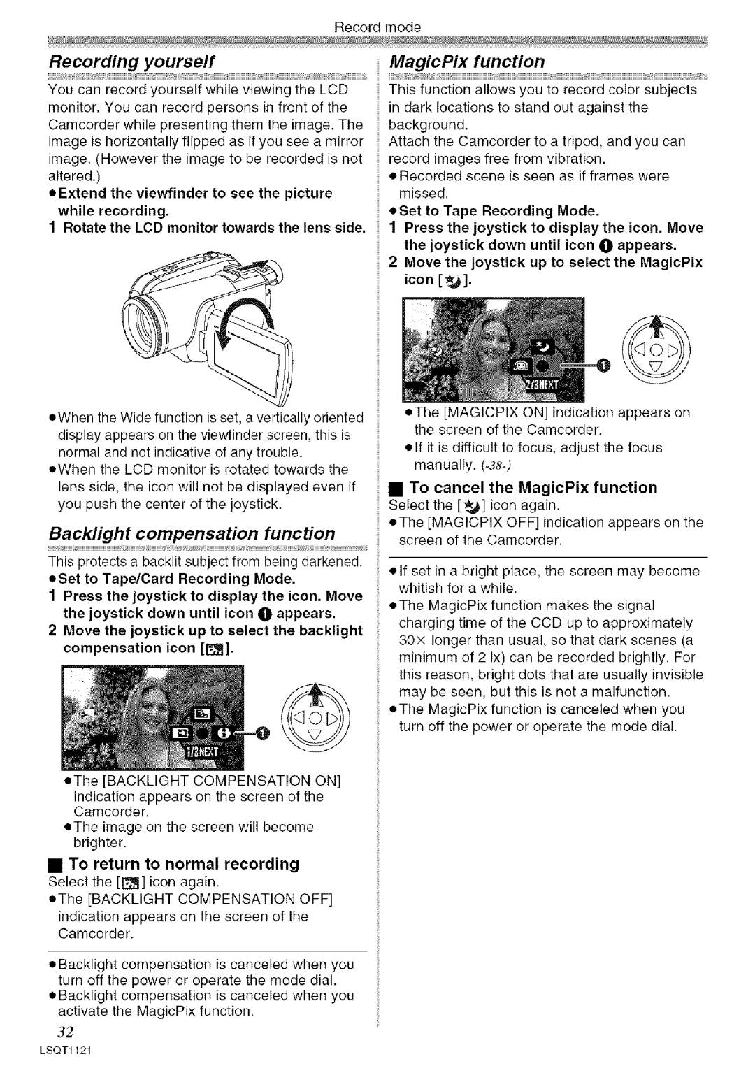 Panasonic PV-GS80 Recording yourself, Backlight compensation function, MagicPix function, To return to normal recording 