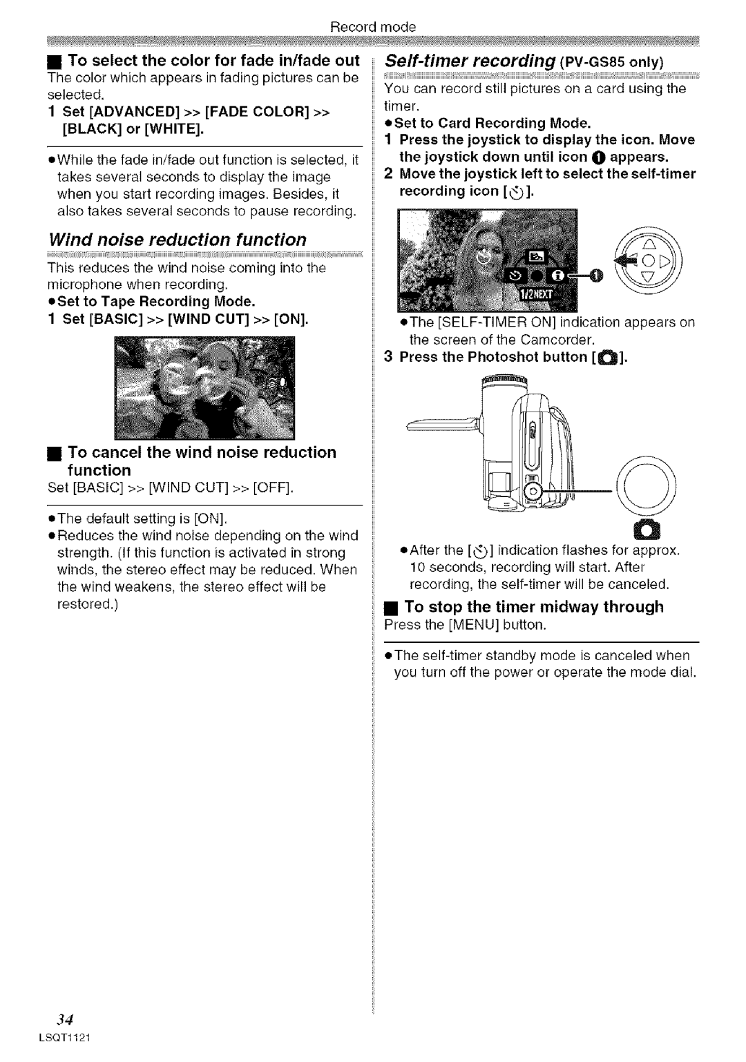 Panasonic PV-GS80 operating instructions Self-timer recording PV-GS85only, Wind noise reduction function 