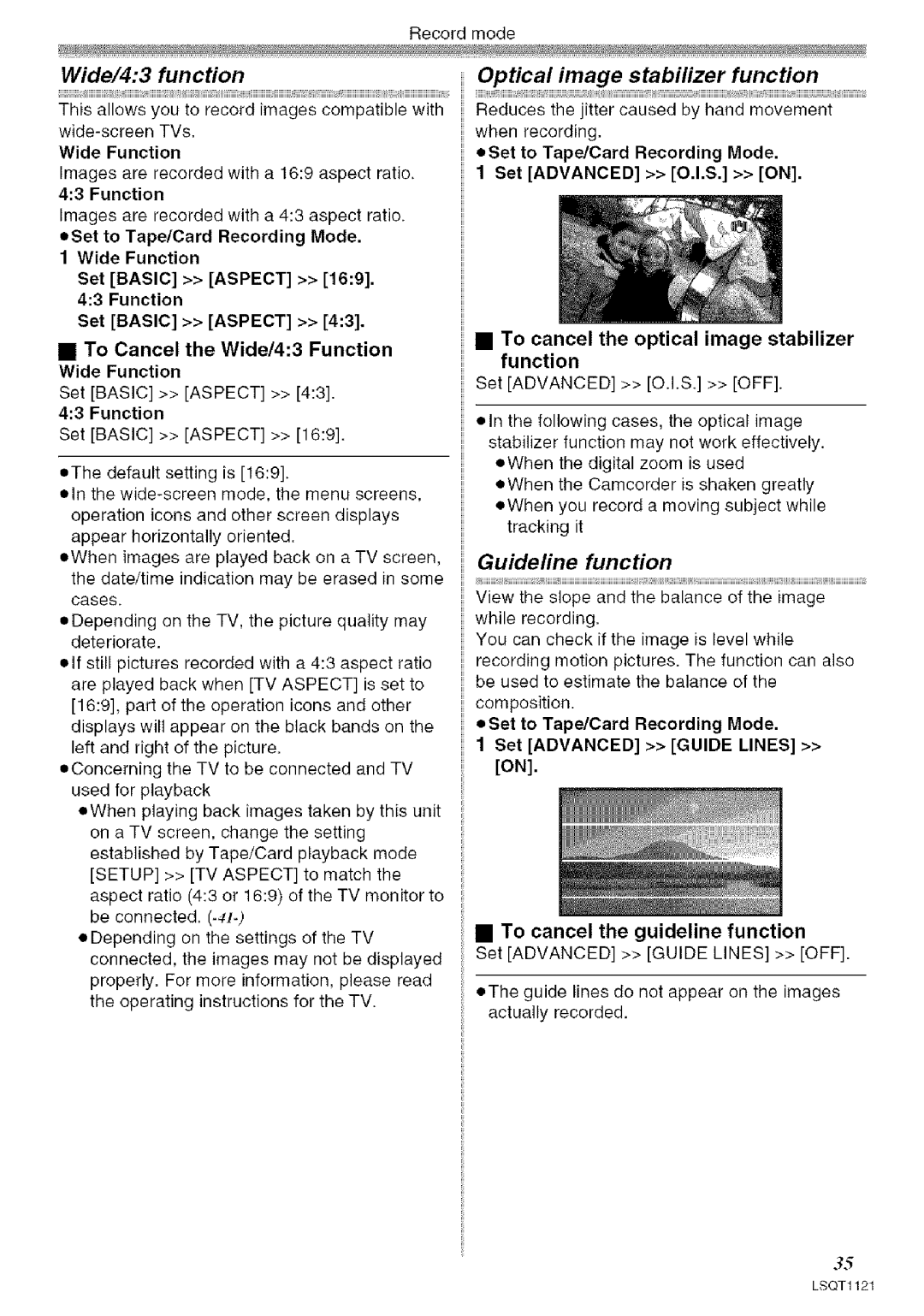 Panasonic PV-GS80 operating instructions Wide/43 function, Optical image stabilizer function, Guideline function 