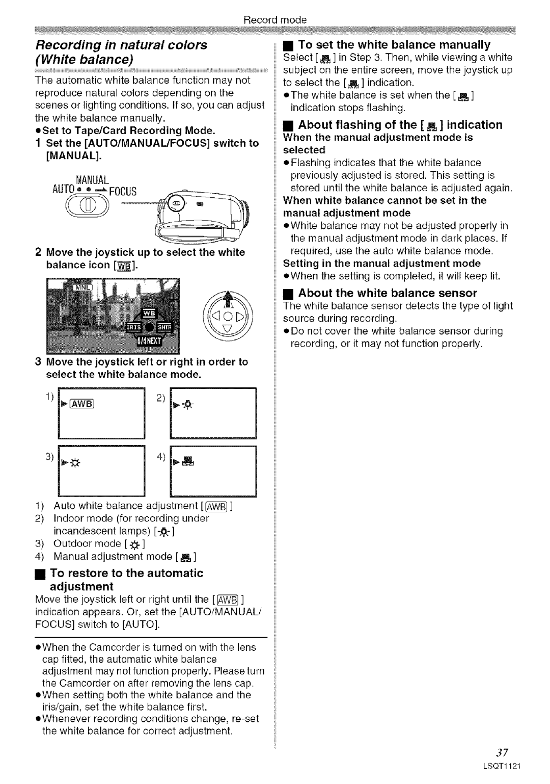 Panasonic PV-GS80 operating instructions Recording in natural Colors, White Balance, Manual 