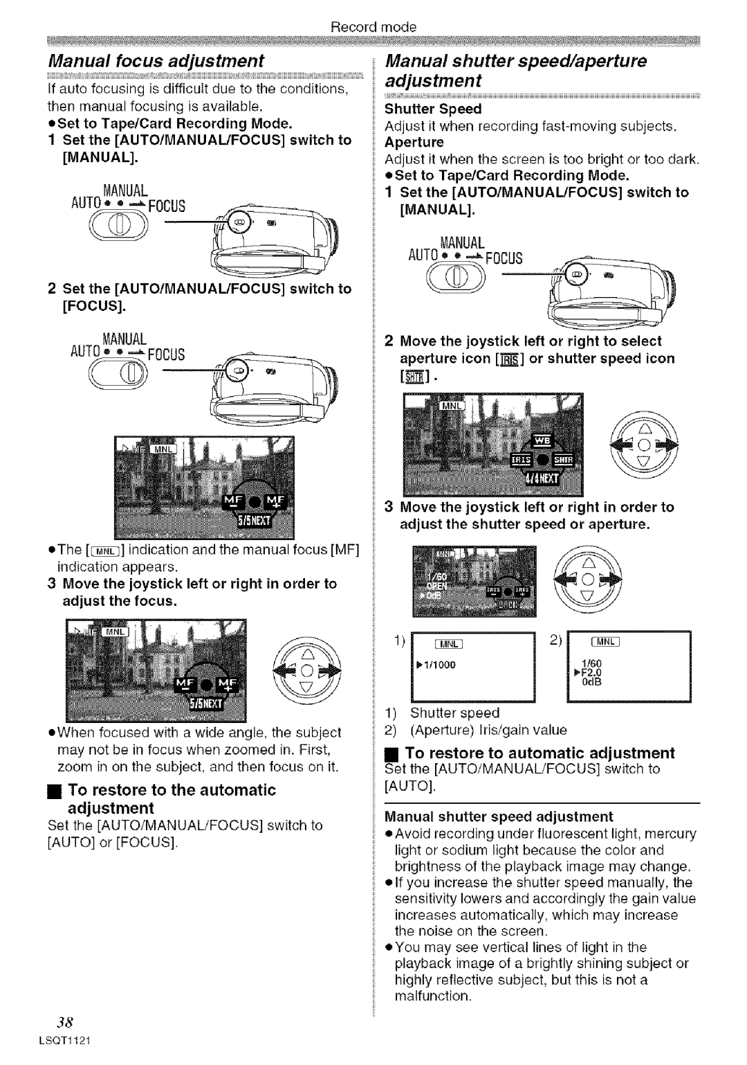 Panasonic PV-GS80 operating instructions Manual focus adjustment, Manual shutter speed/aperture adjustment 