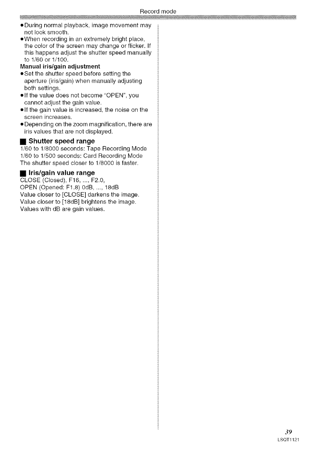 Panasonic PV-GS80 operating instructions Manual iris/gain adjustment, Shutter speed range 