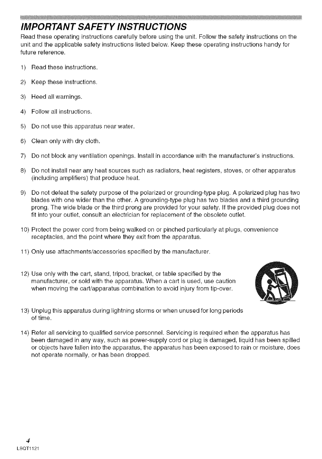 Panasonic PV-GS80 operating instructions Important Safety Instructions 