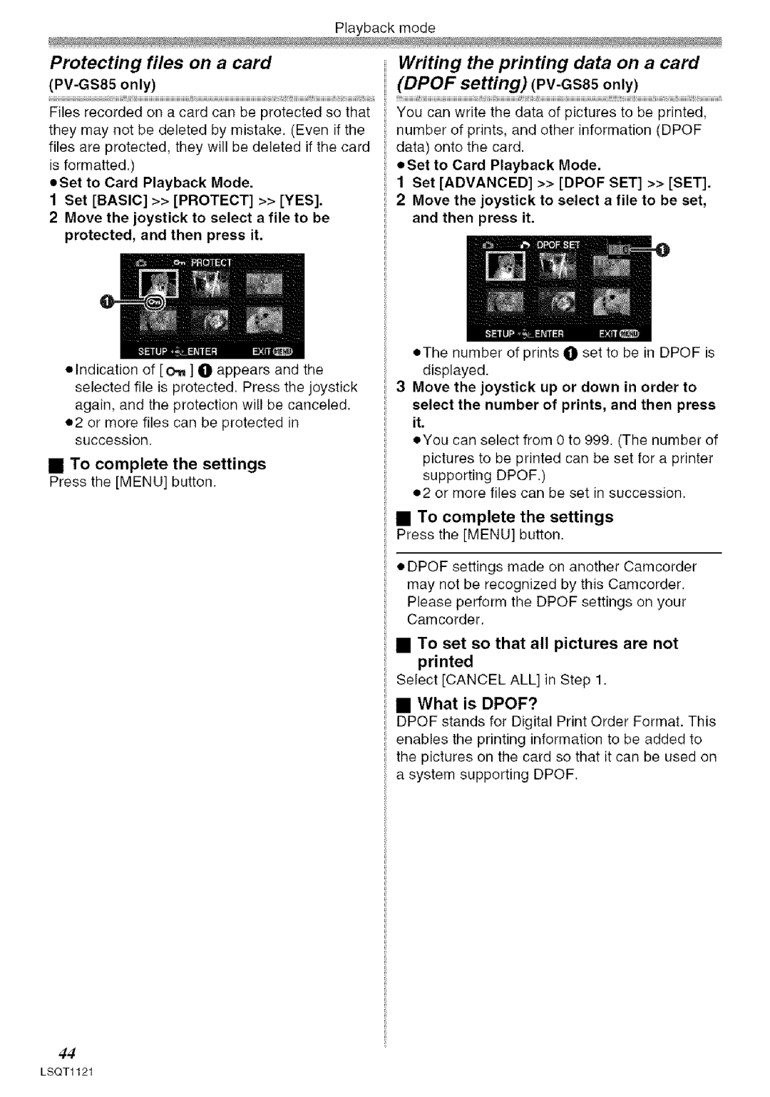 Panasonic PV-GS80 operating instructions Protecting files on a card, To complete the settings Press the Menu button 