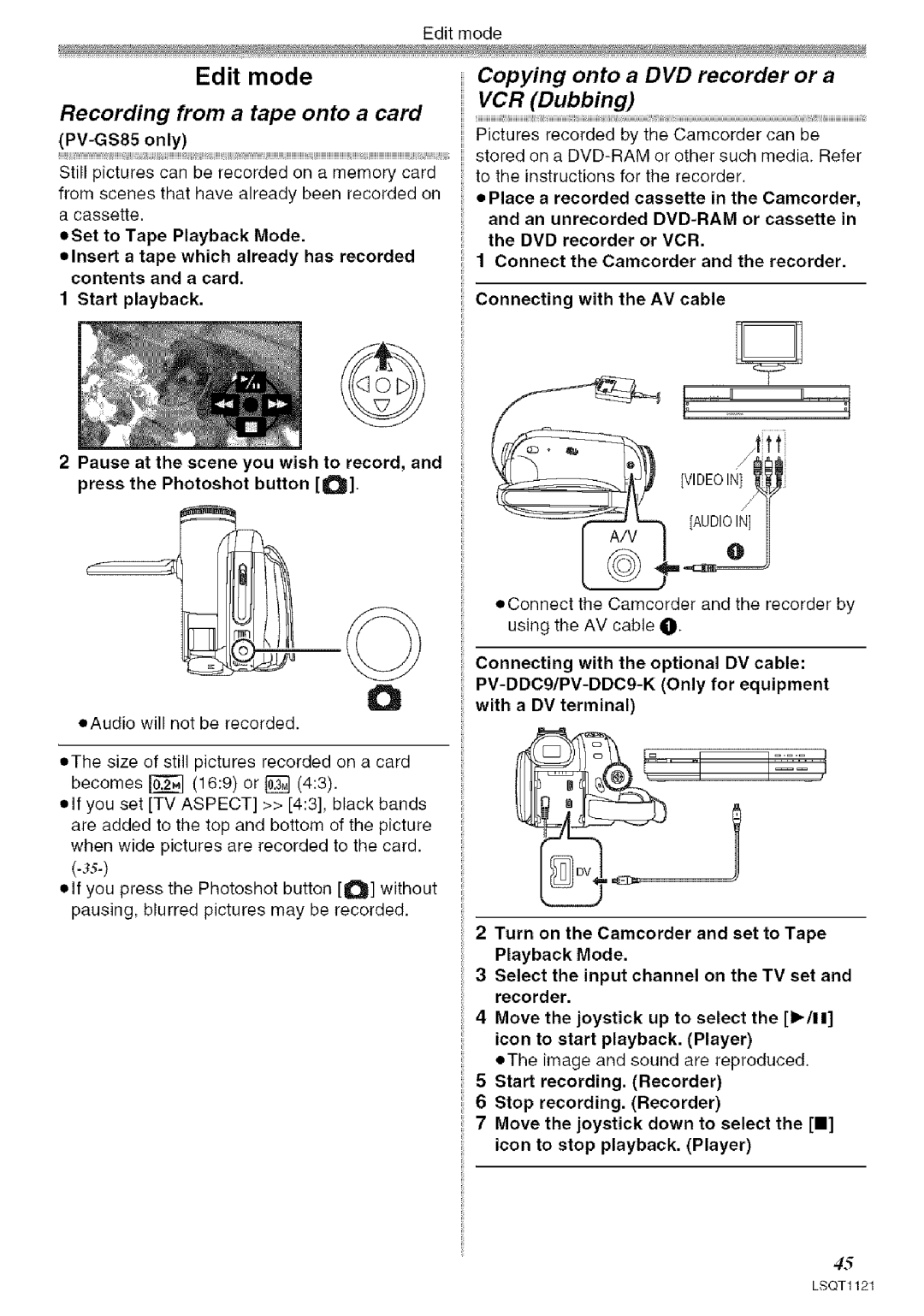 Panasonic PV-GS80 Recording from a tape onto a card, Copying onto a DVD recorder or a VCR Dubbing, Videoin 