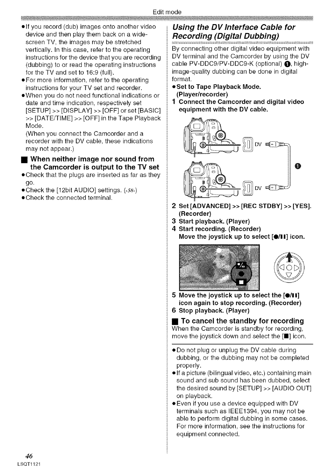 Panasonic PV-GS80 operating instructions Using the DV Interface Cable for Recording Digital Dubbing 