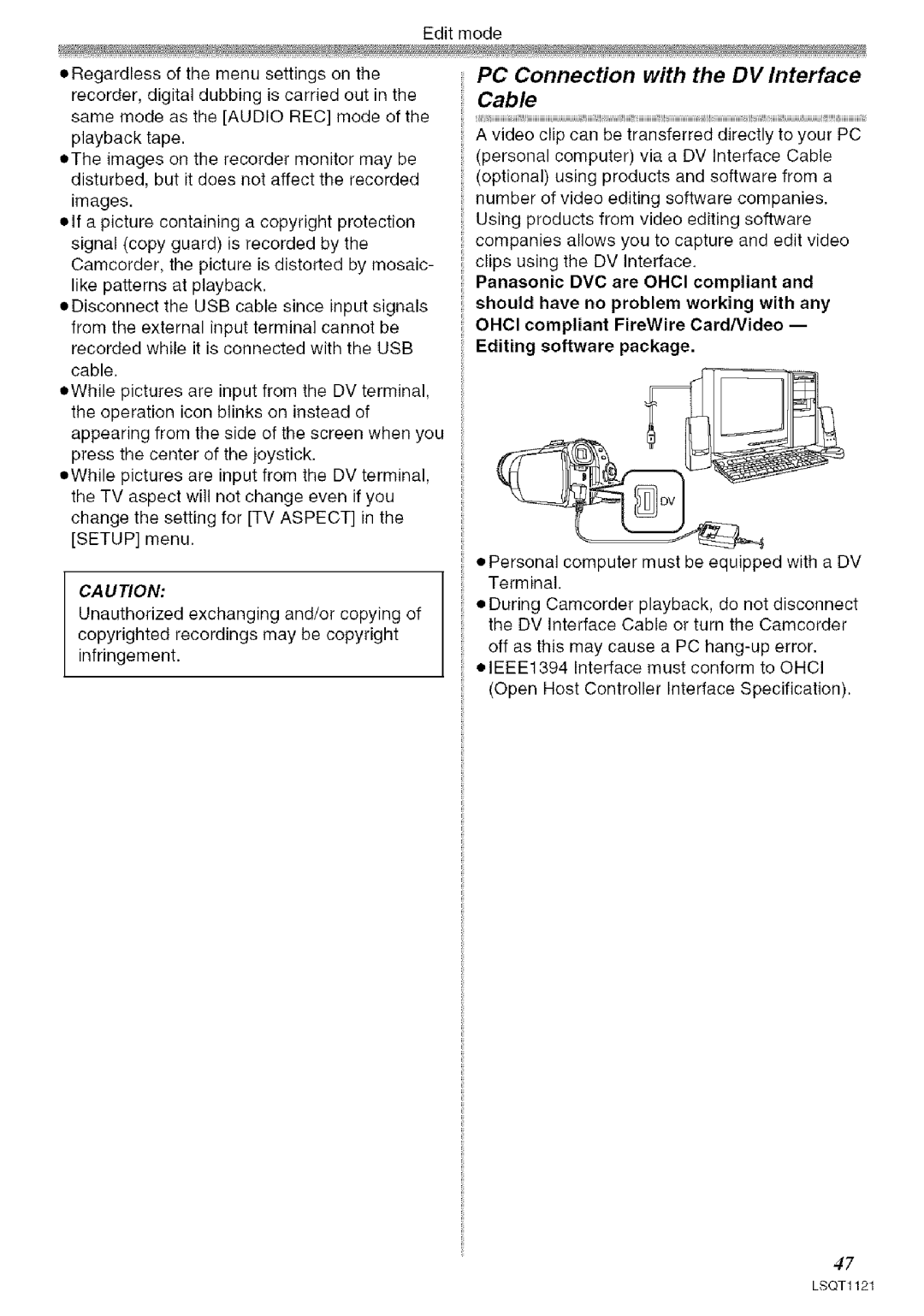 Panasonic PV-GS80 operating instructions PC Connection with the DV Interface Cable 