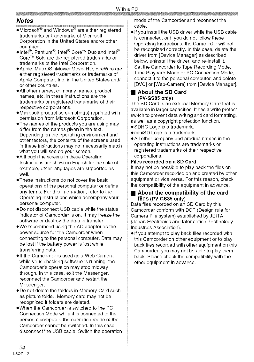 Panasonic PV-GS80 operating instructions No tes, About the SD Card PV-GS85 only, Files recorded on a SD Card 